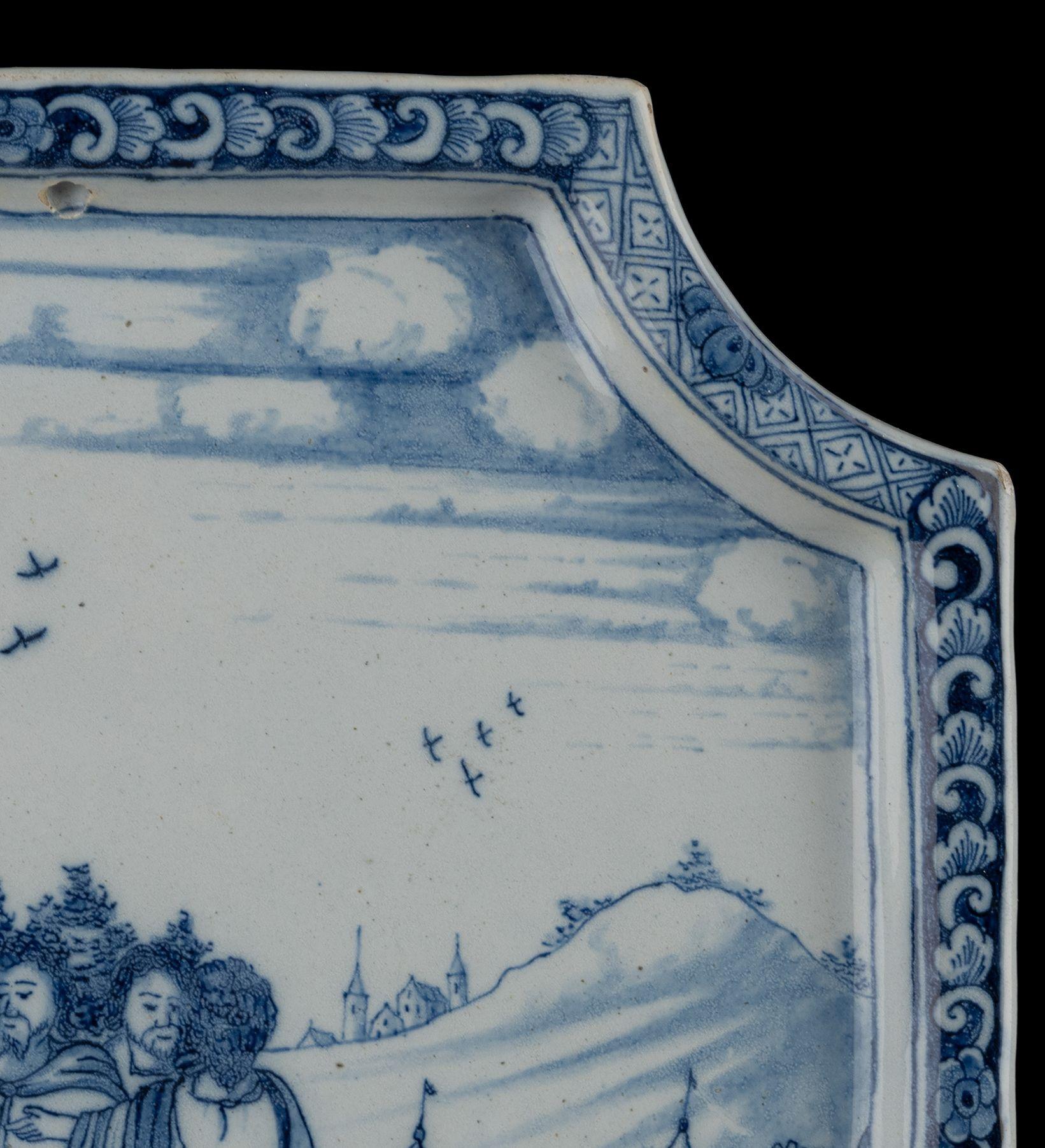 Dutch Delft Blue and white Biblical plaque 1740-1760 the healing of a blind man For Sale