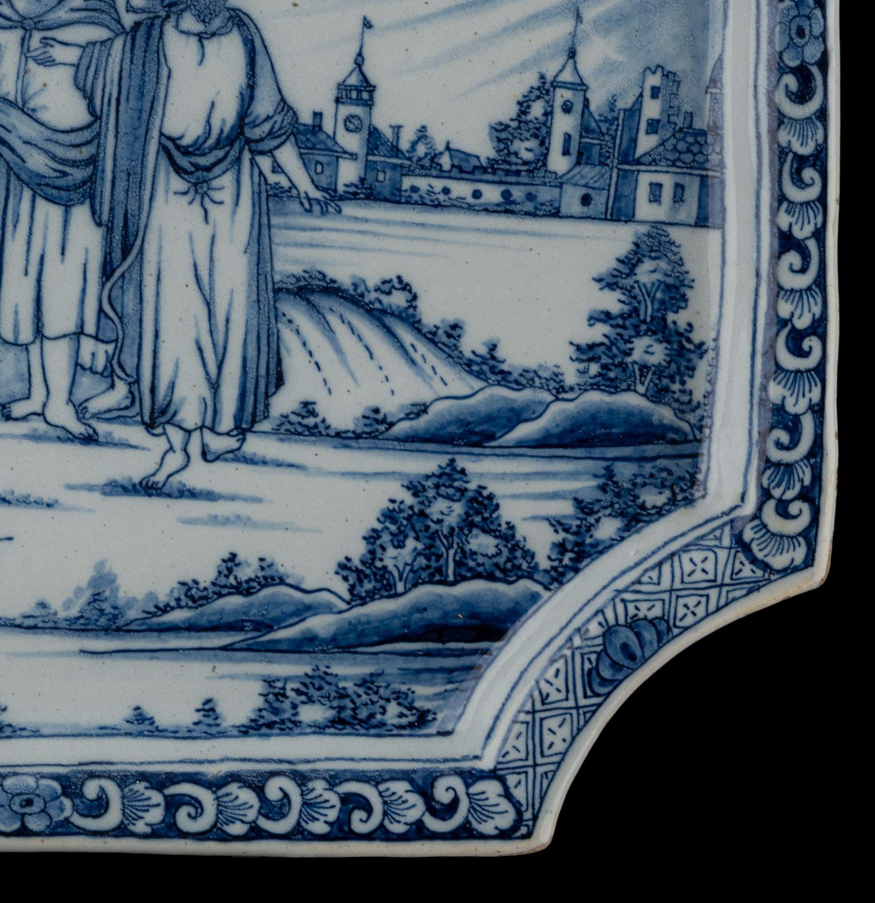 Glazed Delft Blue and white Biblical plaque 1740-1760 the healing of a blind man For Sale