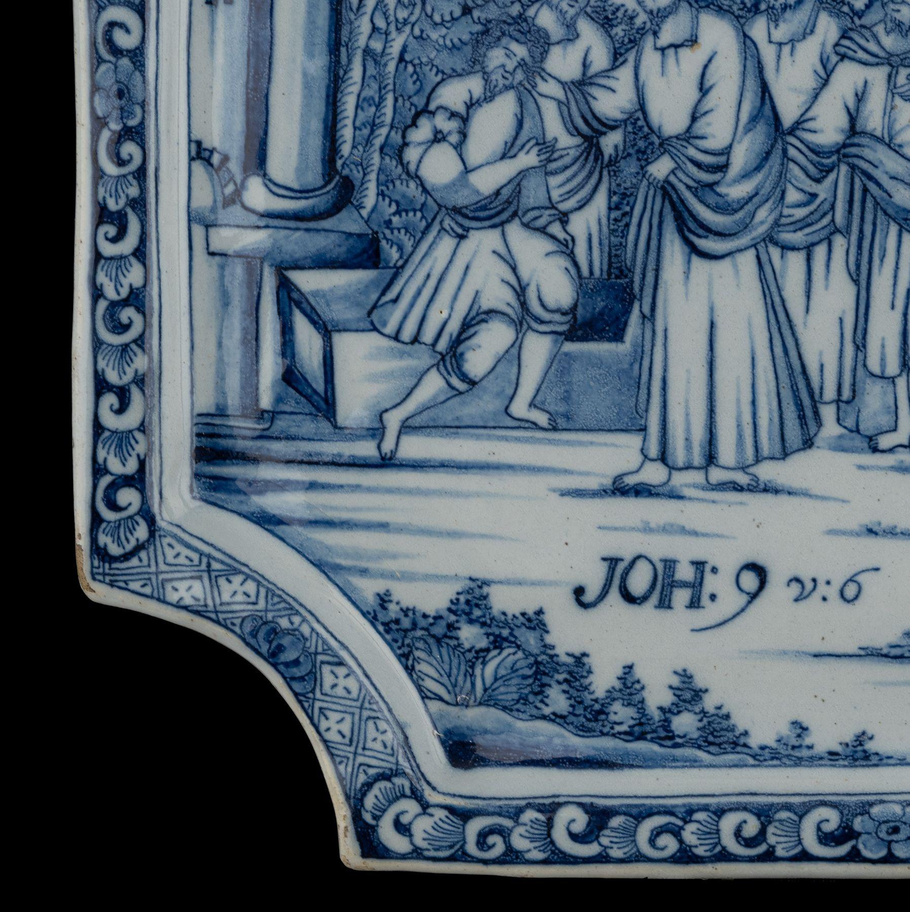 Delft Blue and white Biblical plaque 1740-1760 the healing of a blind man In Good Condition For Sale In ROSSUM, GE