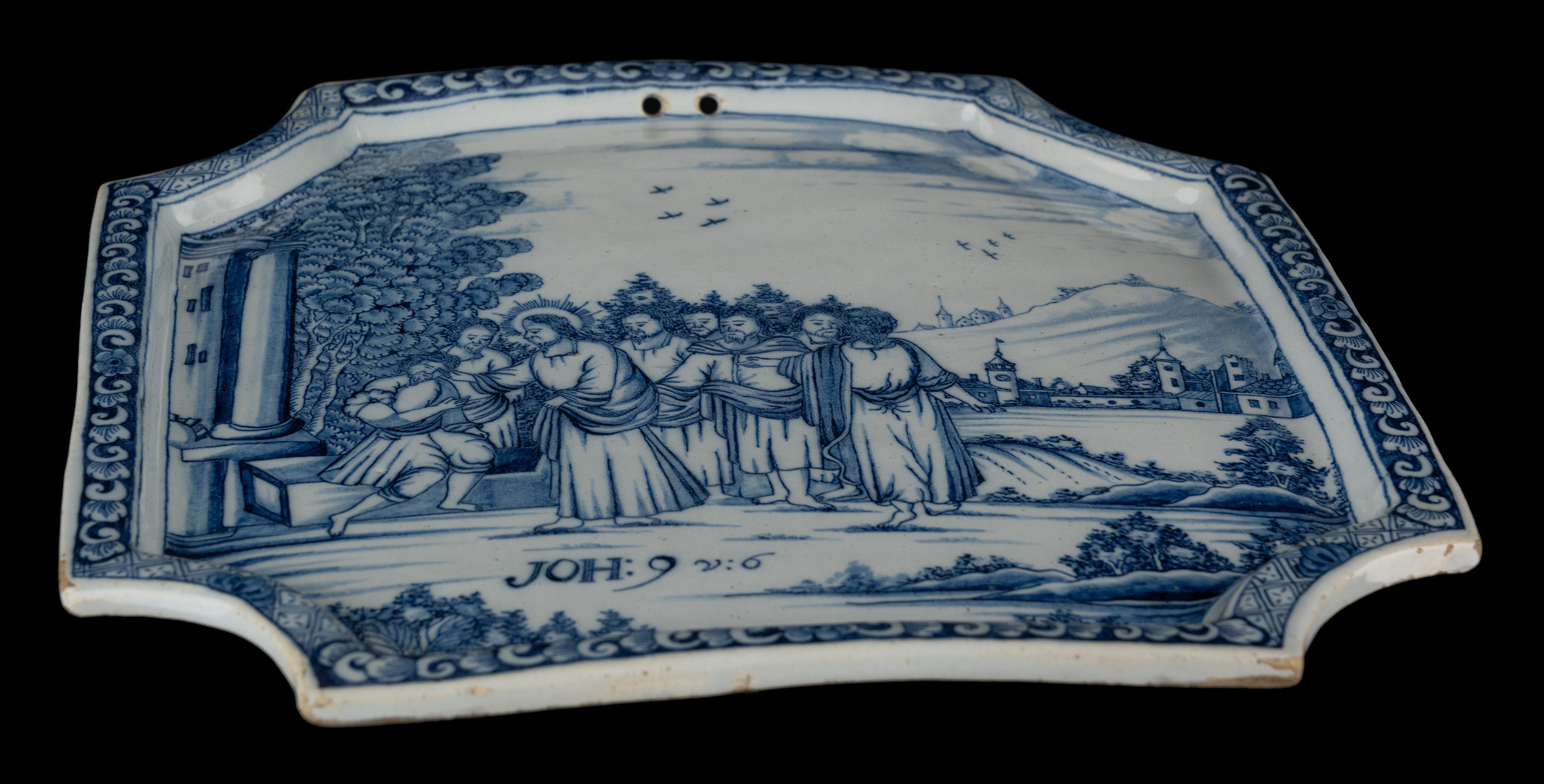 18th Century Delft Blue and white Biblical plaque 1740-1760 the healing of a blind man For Sale