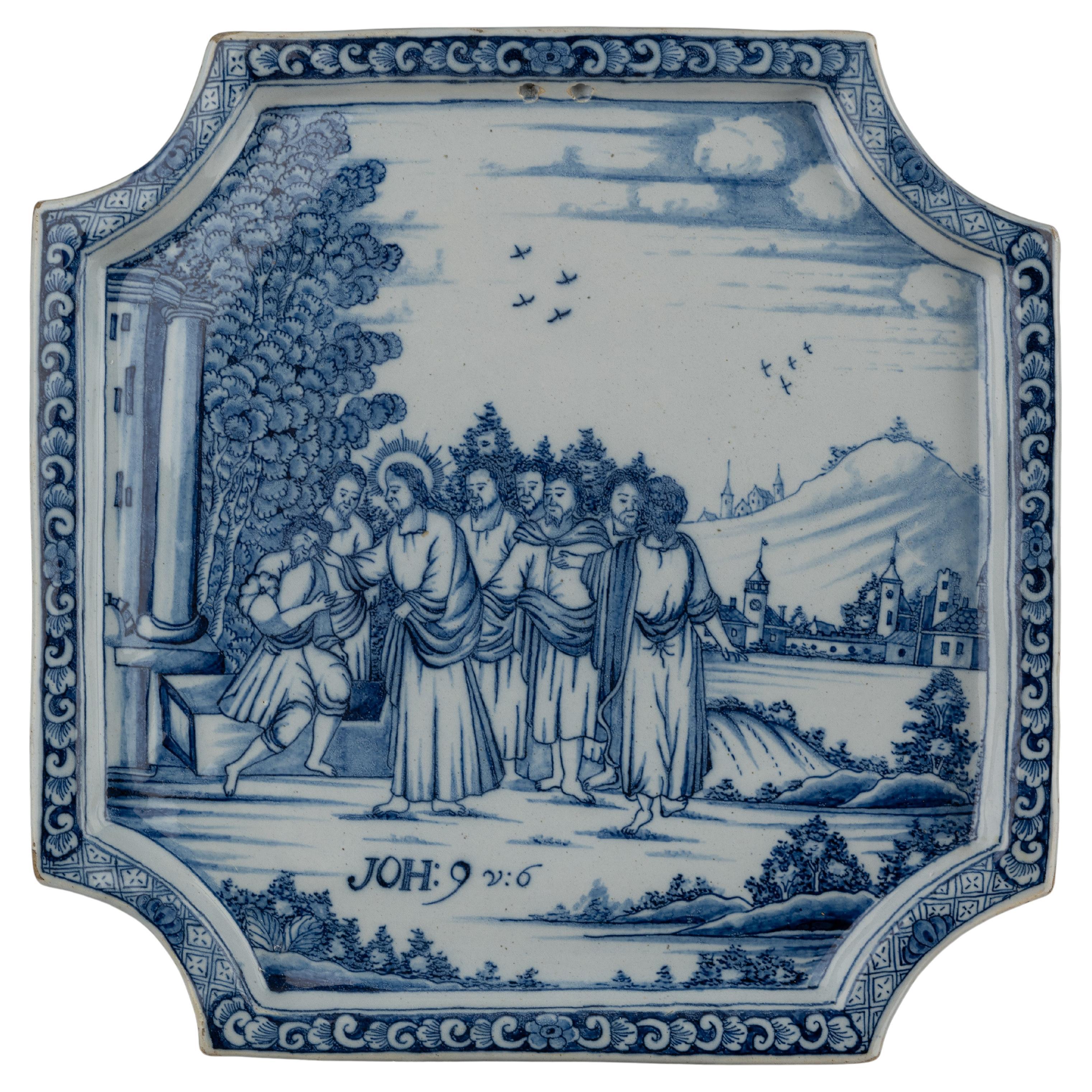 Delft Blue and white Biblical plaque 1740-1760 the healing of a blind man For Sale