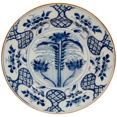 Delft Blue and White Charger 18th Century Showing Flowers in a Wheat Field