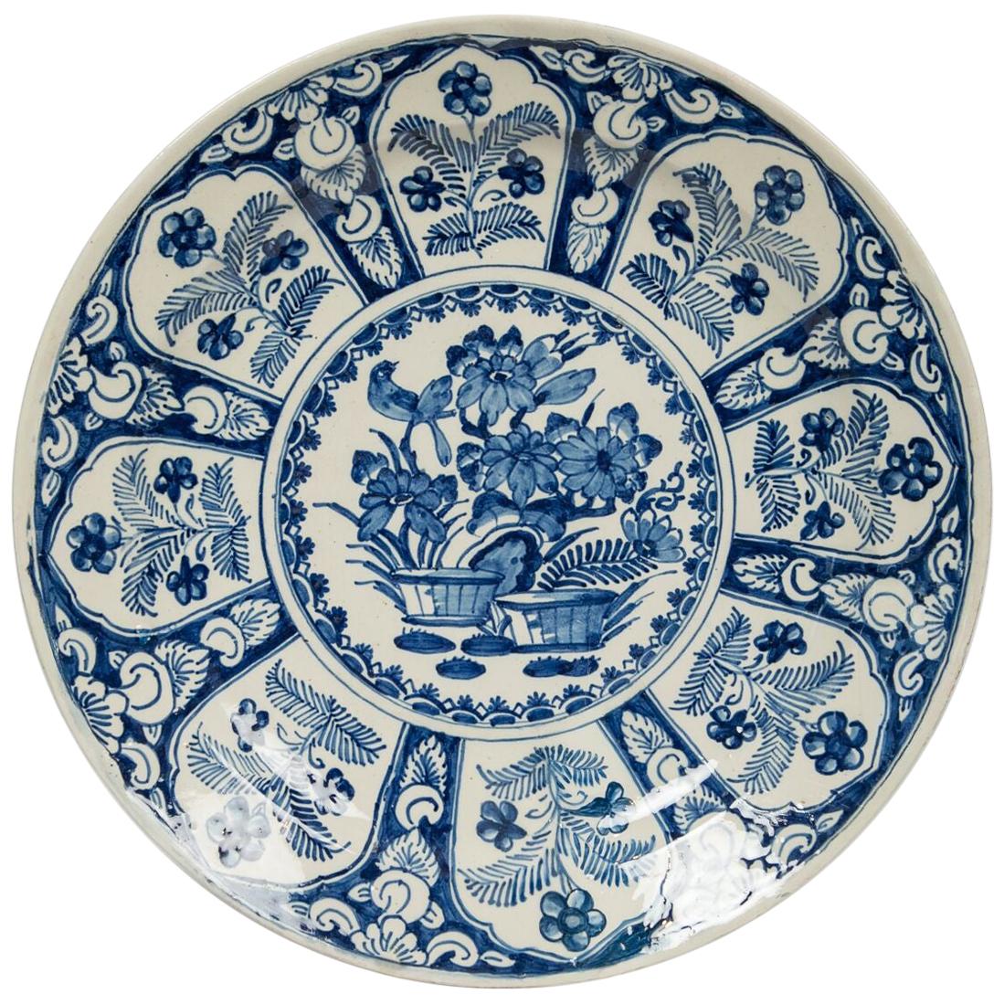 Delft Blue and White Charger Featuring Flowers and a Songbird 18th Century