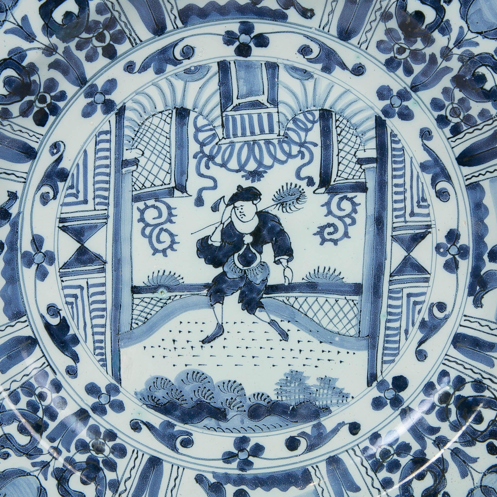 Dutch Delft Blue and White Charger with Chinoiserie Decoration Made 18th Century