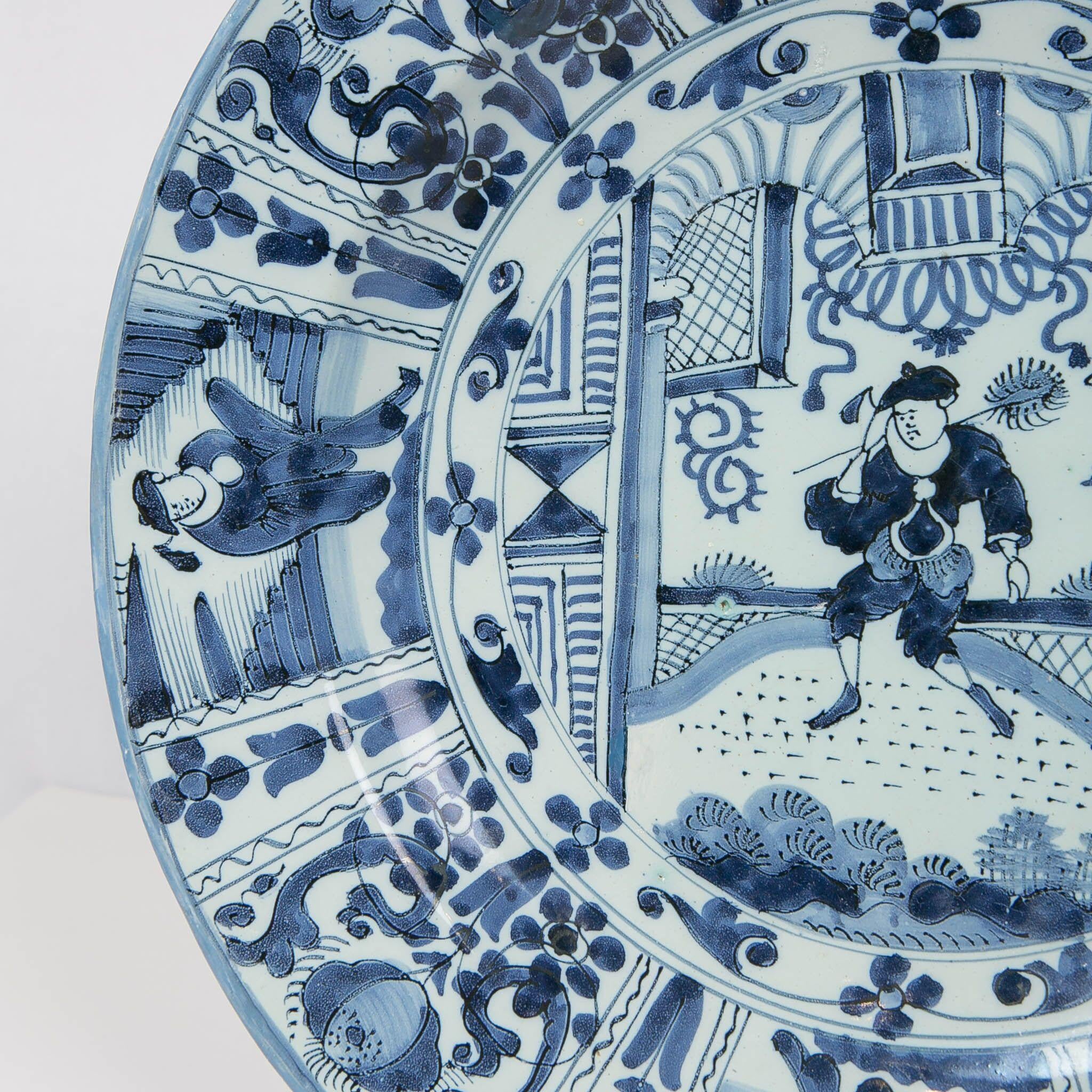 Glazed Delft Blue and White Charger with Chinoiserie Decoration Made 18th Century