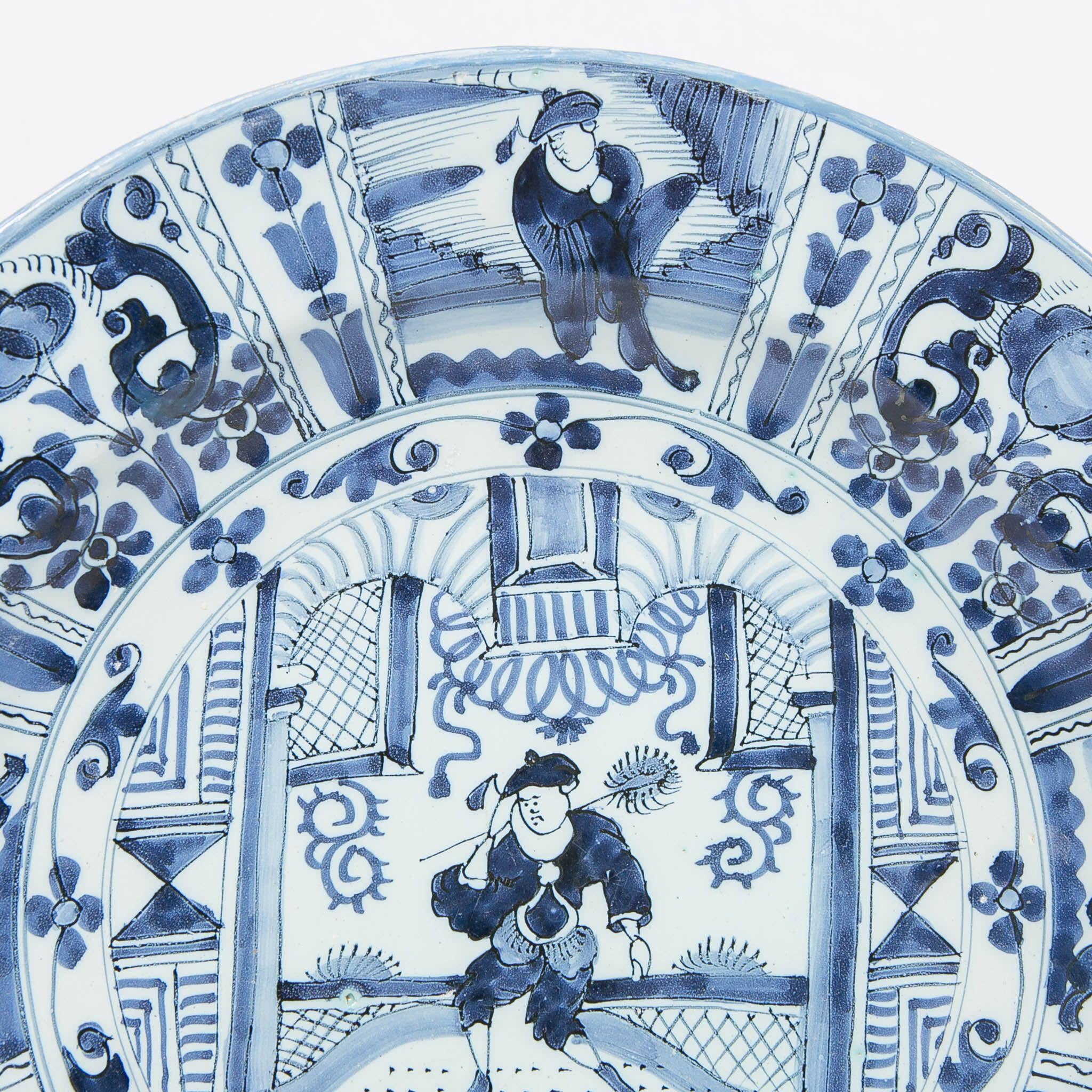 Delft Blue and White Charger with Chinoiserie Decoration Made 18th Century 1