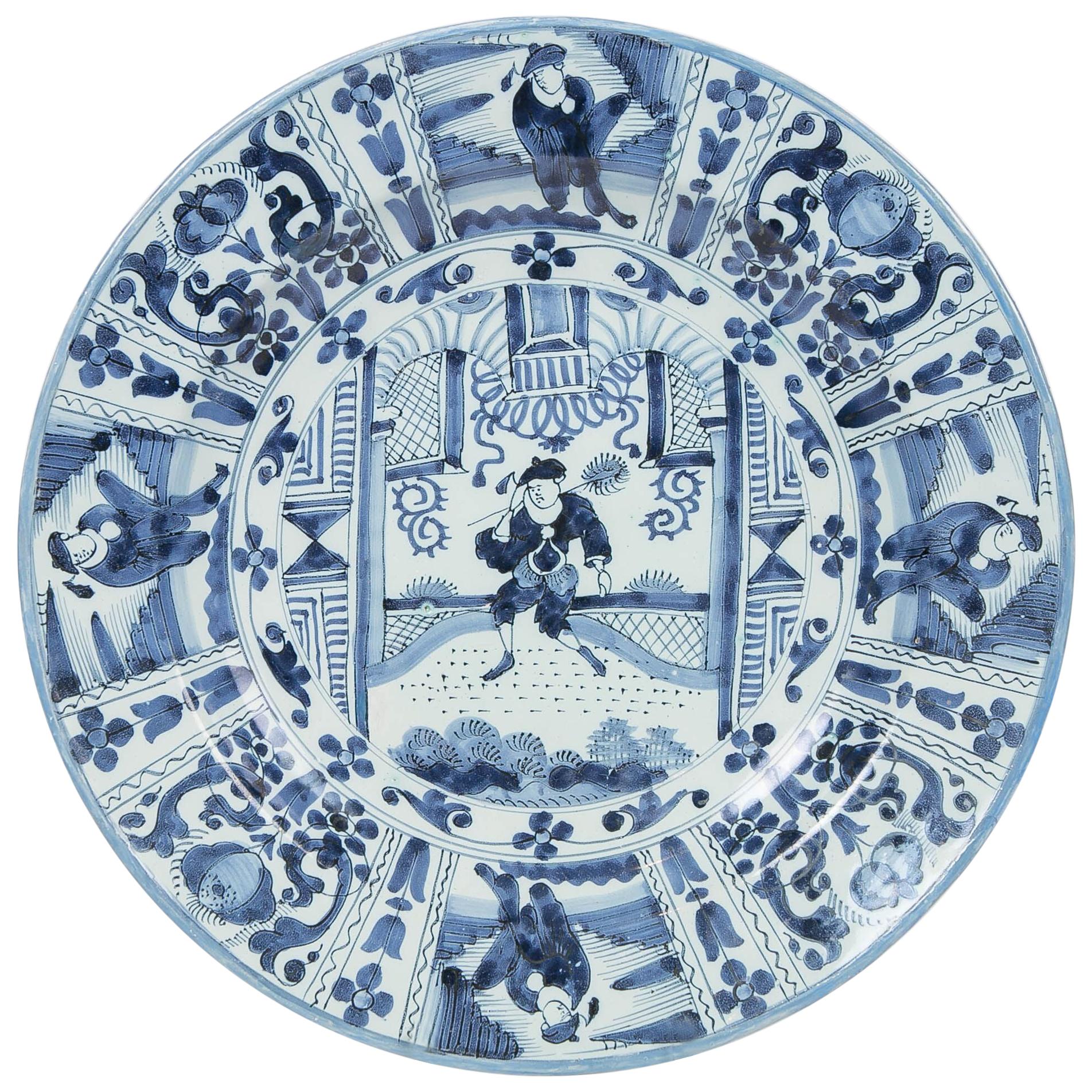 Delft Blue and White Charger with Chinoiserie Decoration Made 18th Century