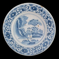 Delft Blue and White Chinoiserie Dish the Netherlands, 1675-1700 Chinoiserie