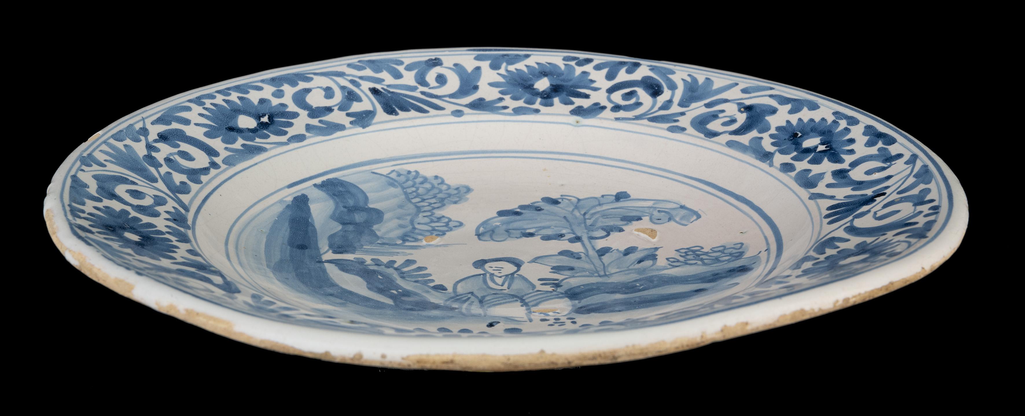 Glazed Delft Blue and White Chinoiserie Dish the Netherlands, 1675-1700 Chinoiserie For Sale