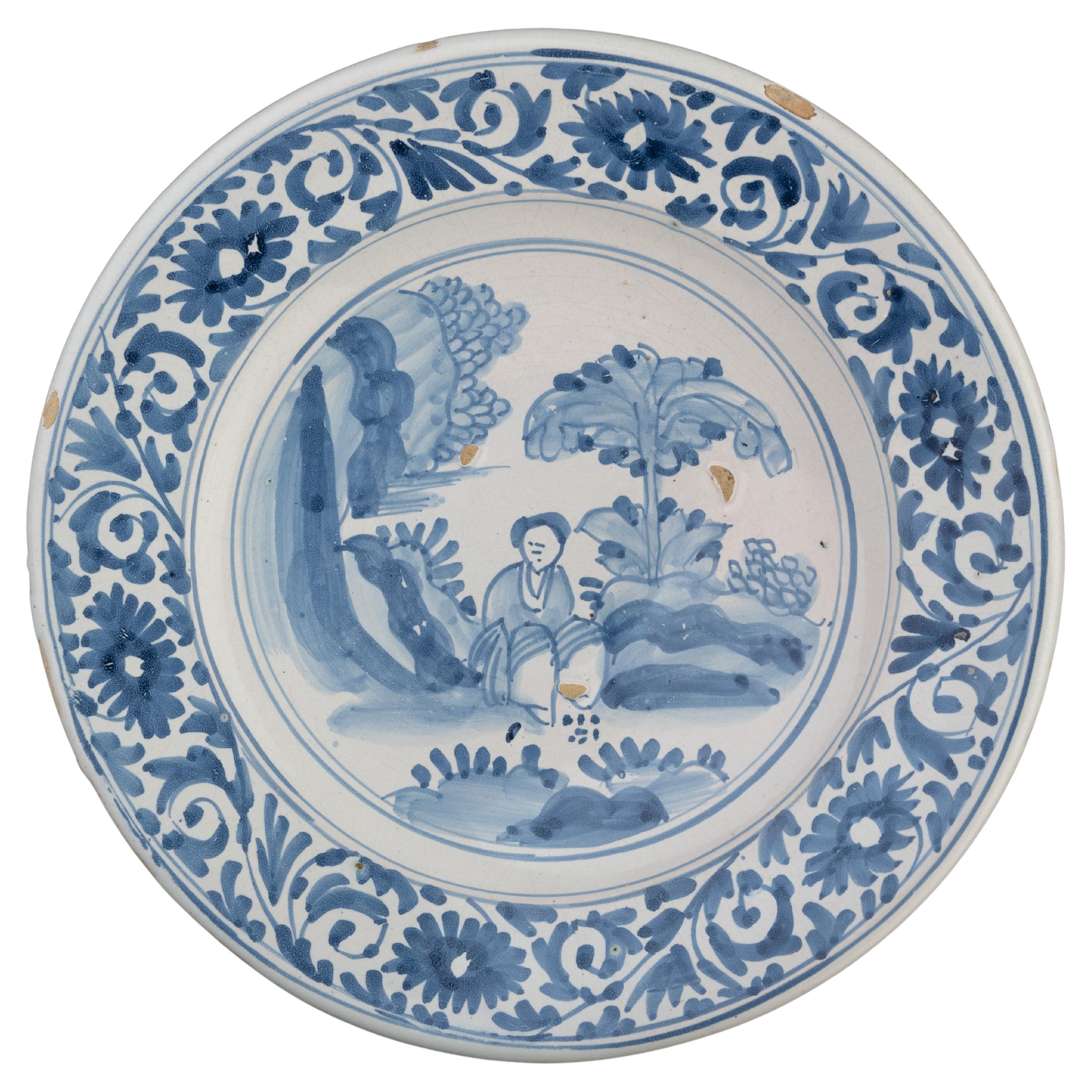 Delft Blue and White Chinoiserie Dish the Netherlands, 1675-1700 Chinoiserie For Sale