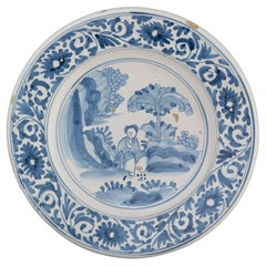 Antique Delft Blue and White Chinoiserie Dish the Netherlands, 1675-1700 Chinoiserie