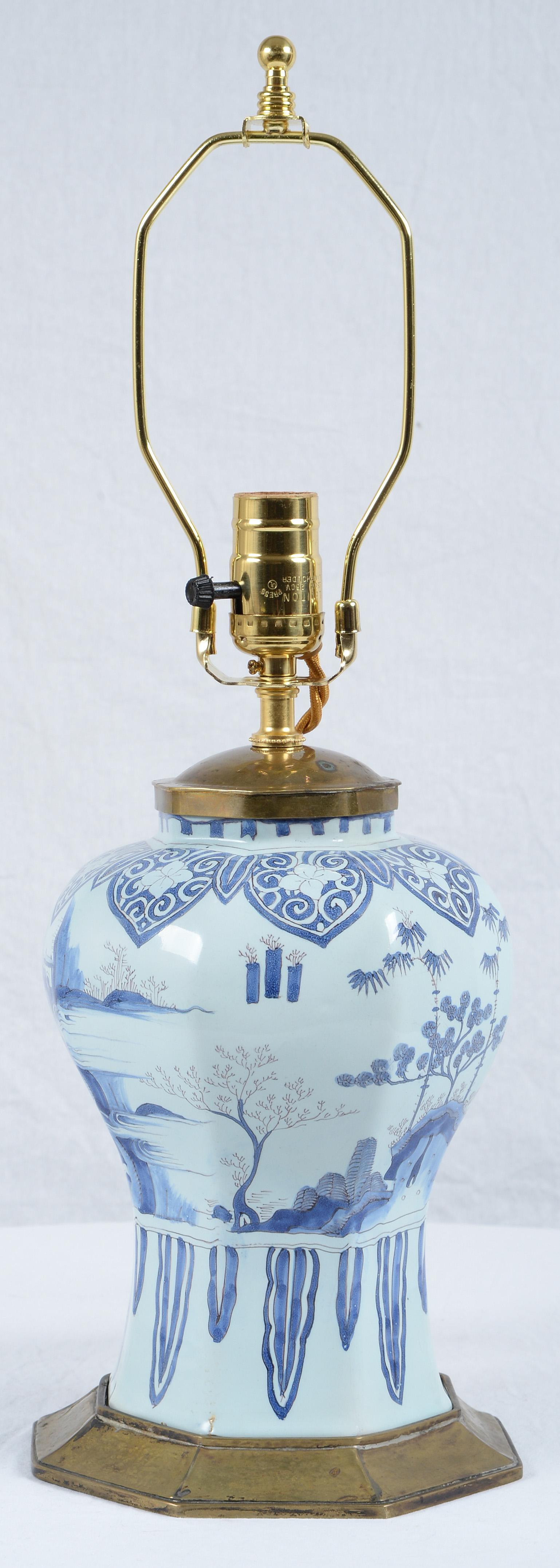 Delft Blue and White Chinoiserie Faience Vase Mounted as a Lamp In Fair Condition For Sale In Kittery Point, ME