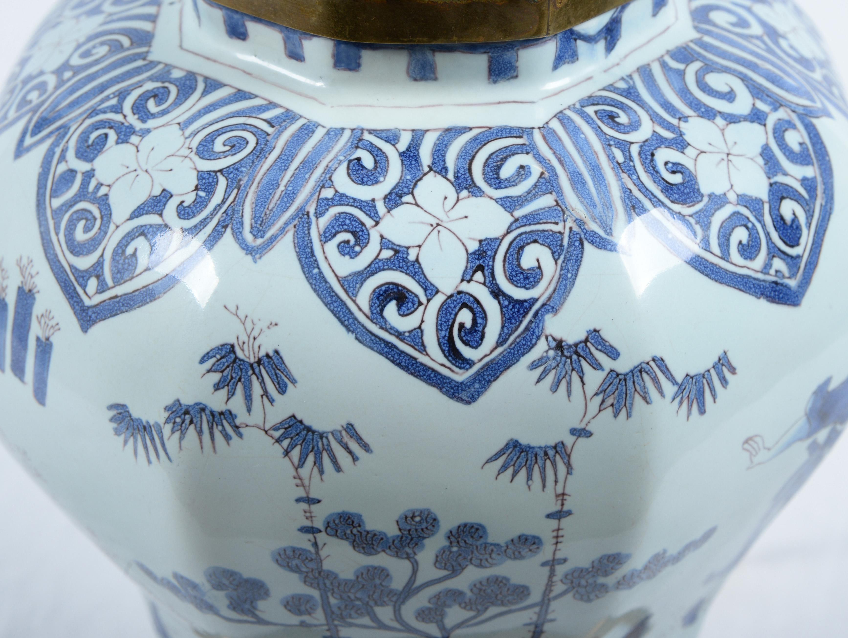 Delft Blue and White Chinoiserie Faience Vase Mounted as a Lamp For Sale 3