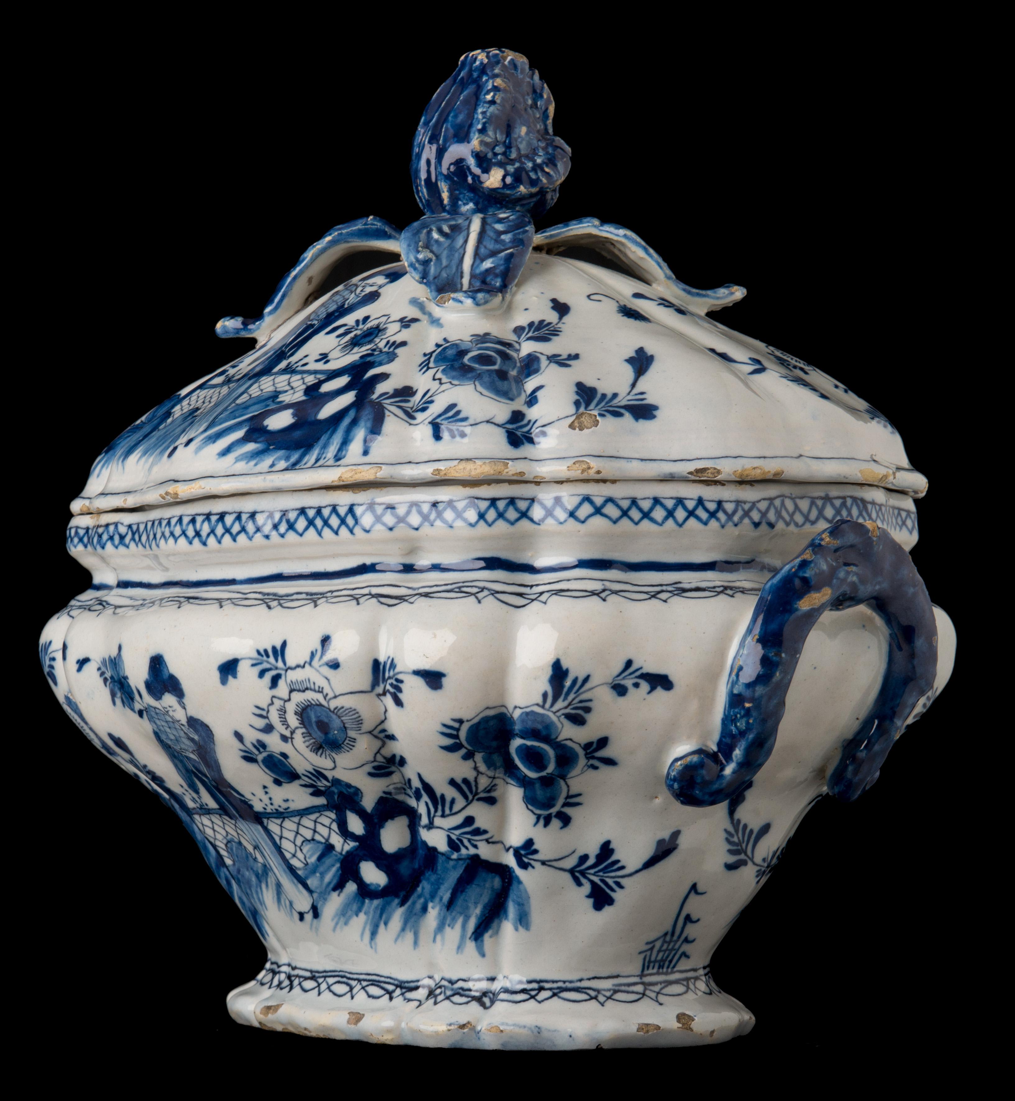 Glazed Delft, Blue and white chinoiserie tureen Delft, circa 1750 Mark: DM For Sale