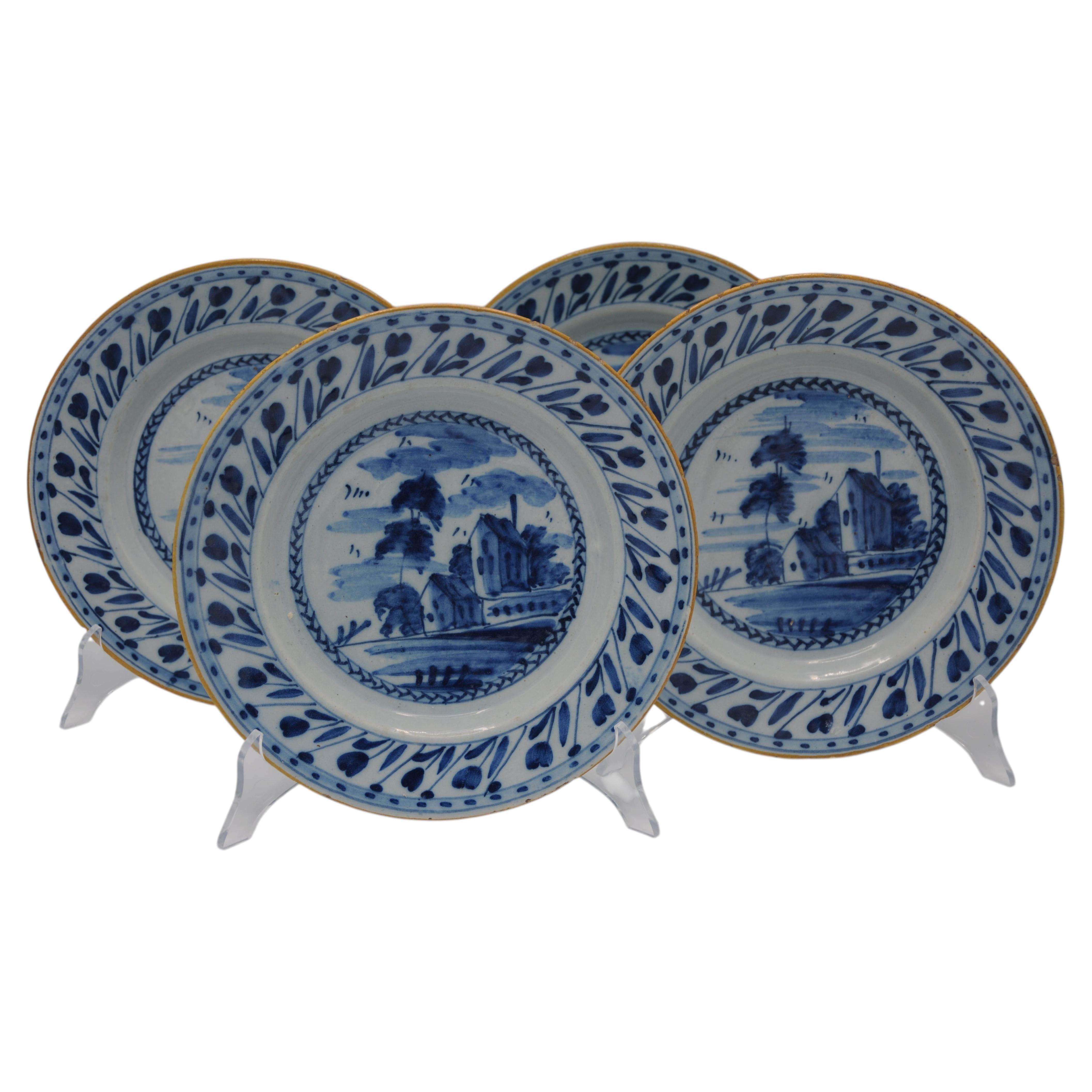 Delft - Blue and white delft set of 4 landscape plates w tulip rim, 18th century
