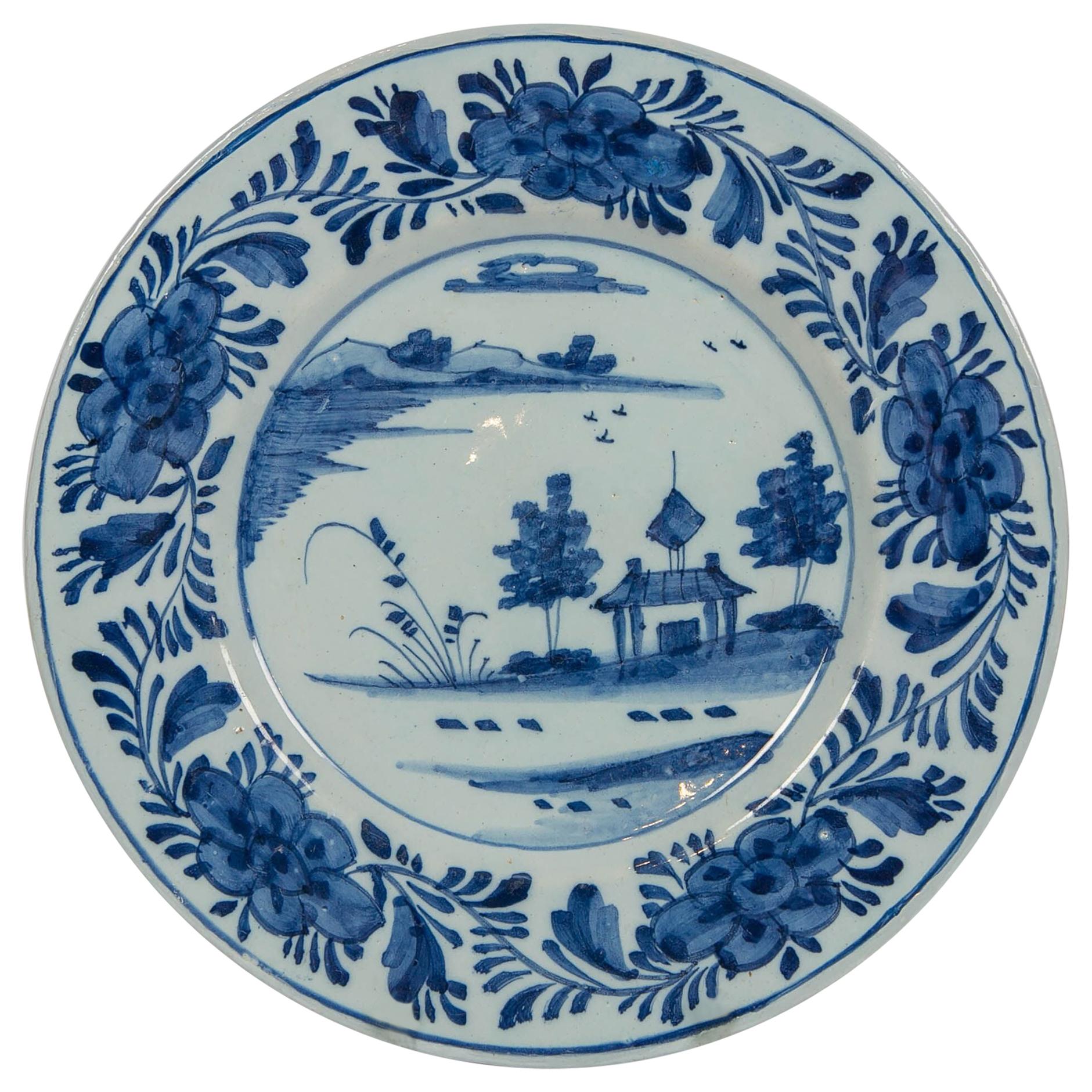 Delft Blue and White Dish Showing a Pagoda by the Waterside Made circa 1780