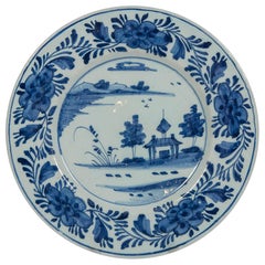 Delft Blue and White Dish Showing a Pagoda by the Waterside Made circa 1780