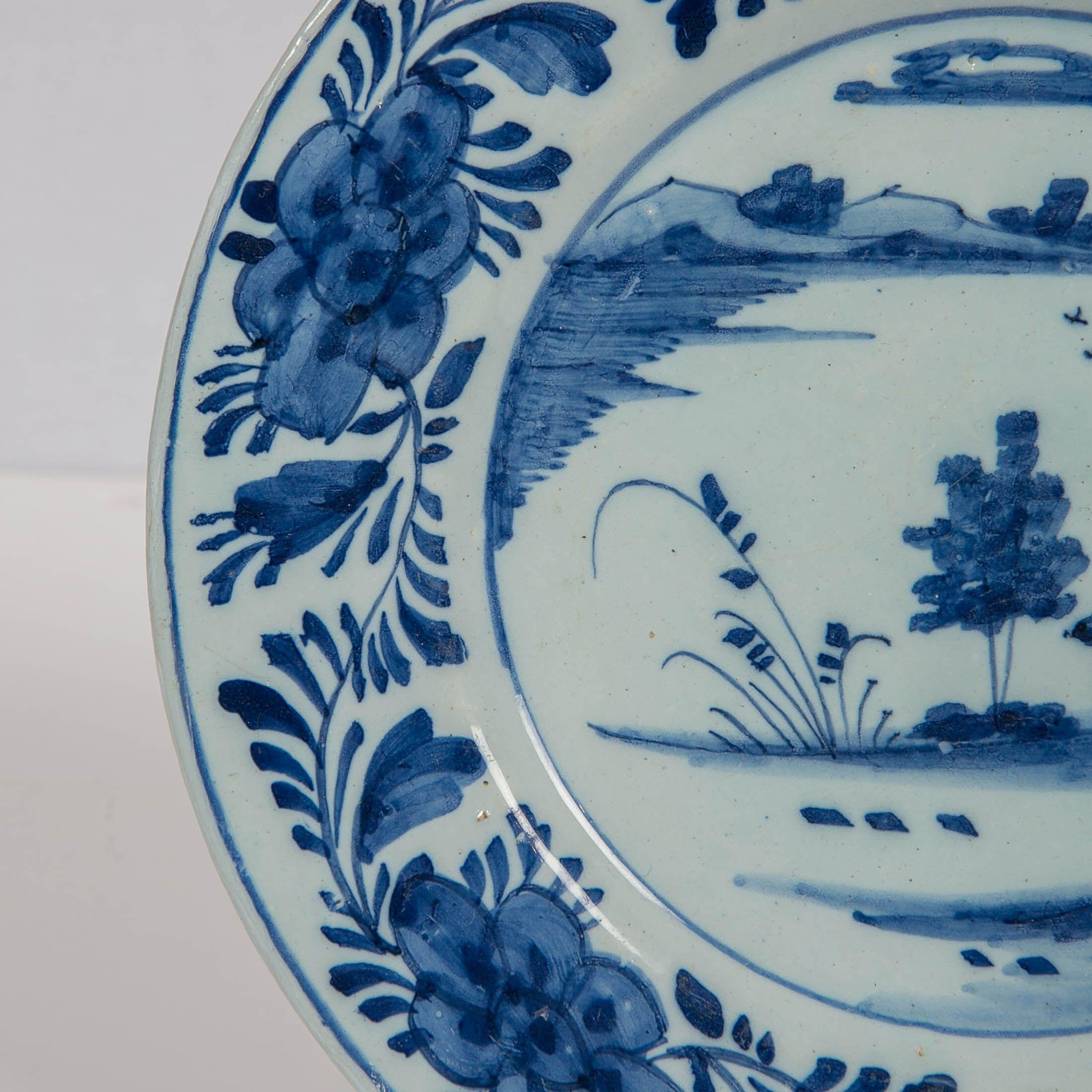 Dutch Delft Blue and White Dish Showing a Pagoda by the Waterside Made circa 1780