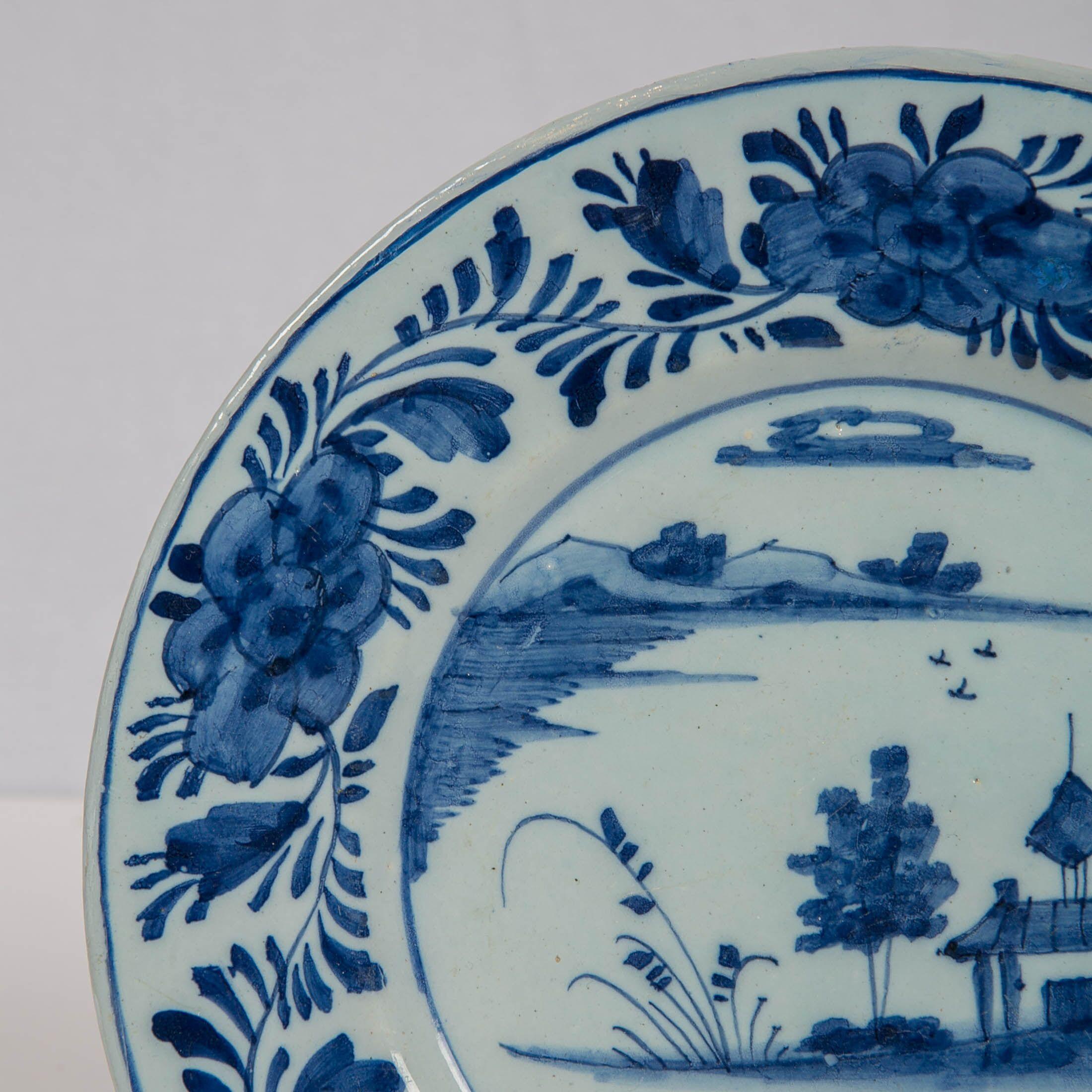 Hand-Painted Delft Blue and White Dish Showing a Pagoda by the Waterside Made circa 1780
