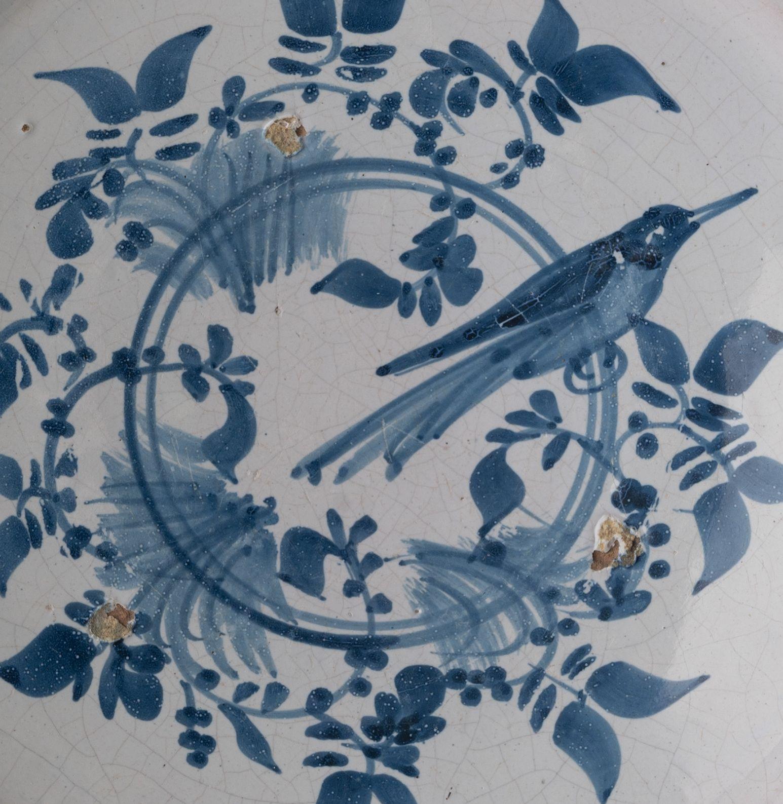 Baroque Delft Blue and White Dish with Bird on a Double Ring, 1700-1750 For Sale