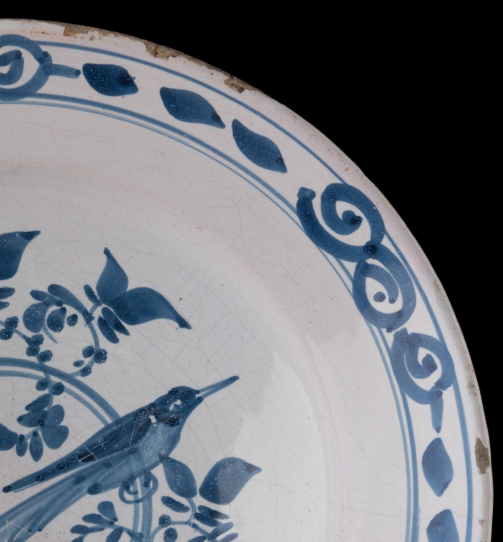 Glazed Delft Blue and White Dish with Bird on a Double Ring, 1700-1750 For Sale