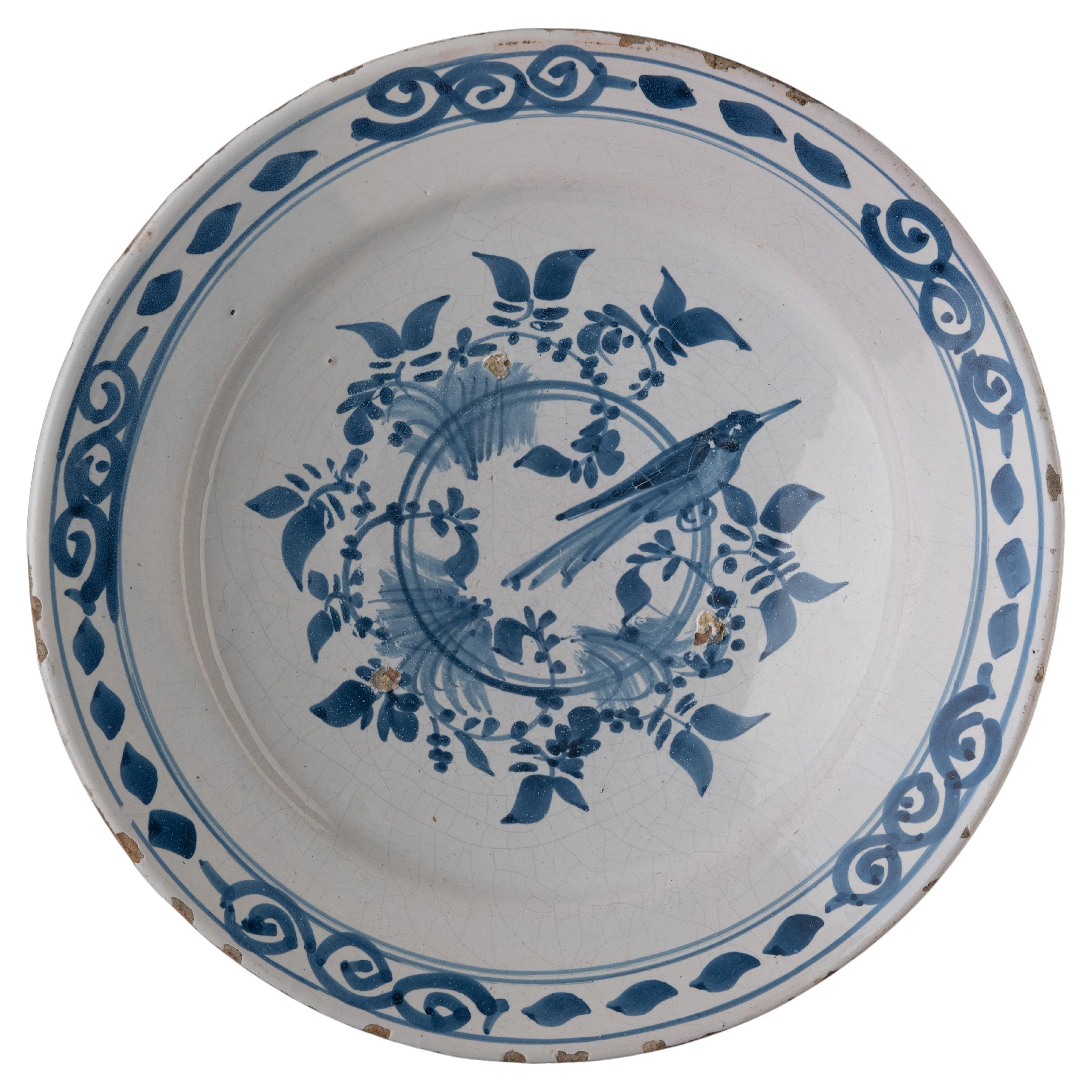 Delft Blue and White Dish with Bird on a Double Ring, 1700-1750 For Sale