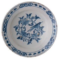 Antique Delft Blue and White Dish with Bird on a Double Ring, 1700-1750