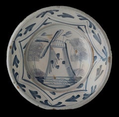 Delft Blue and White Dish with Windmill, 1700-1750