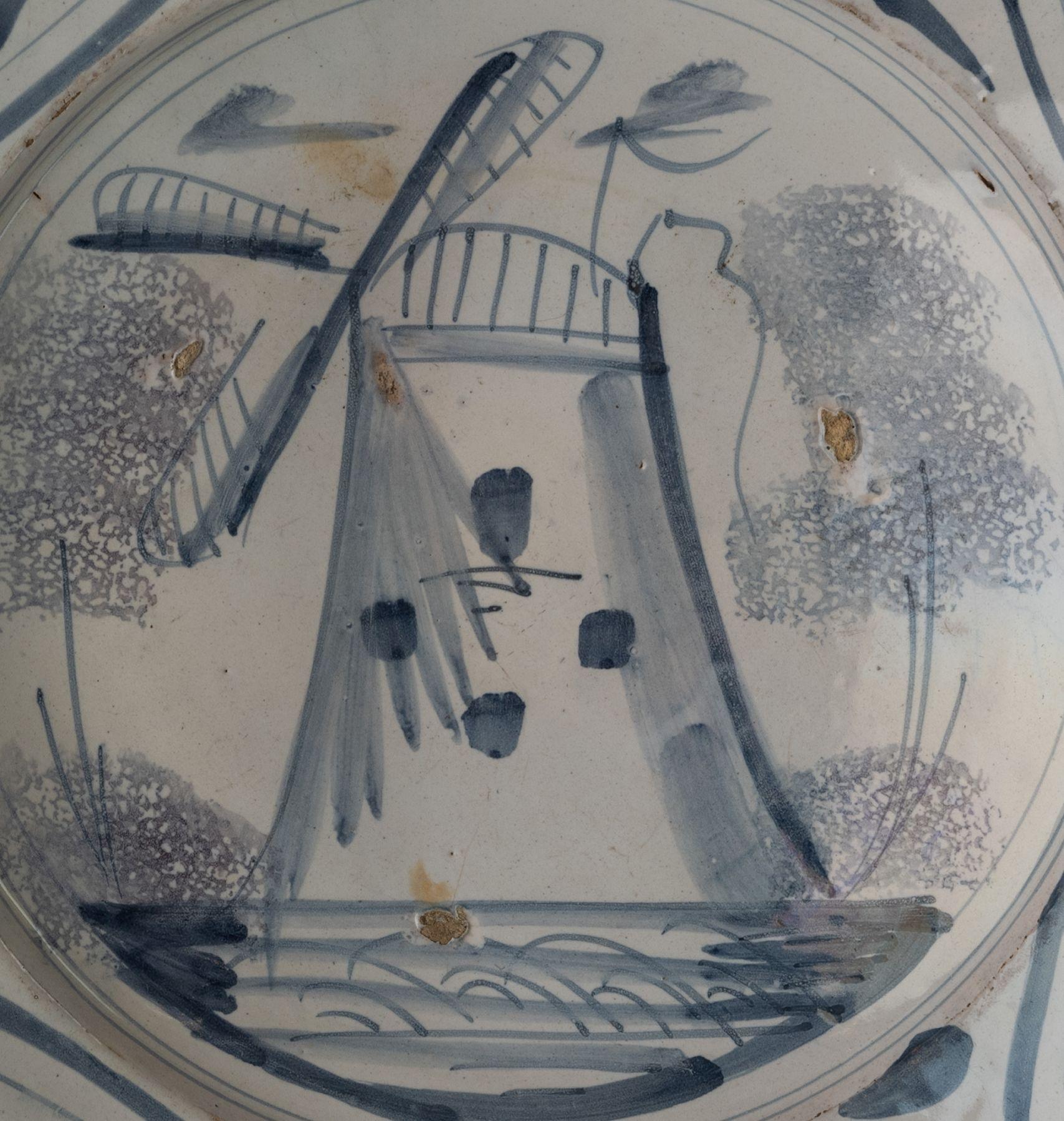 Baroque Delft Blue and White Dish with Windmill, 1700-1750 For Sale