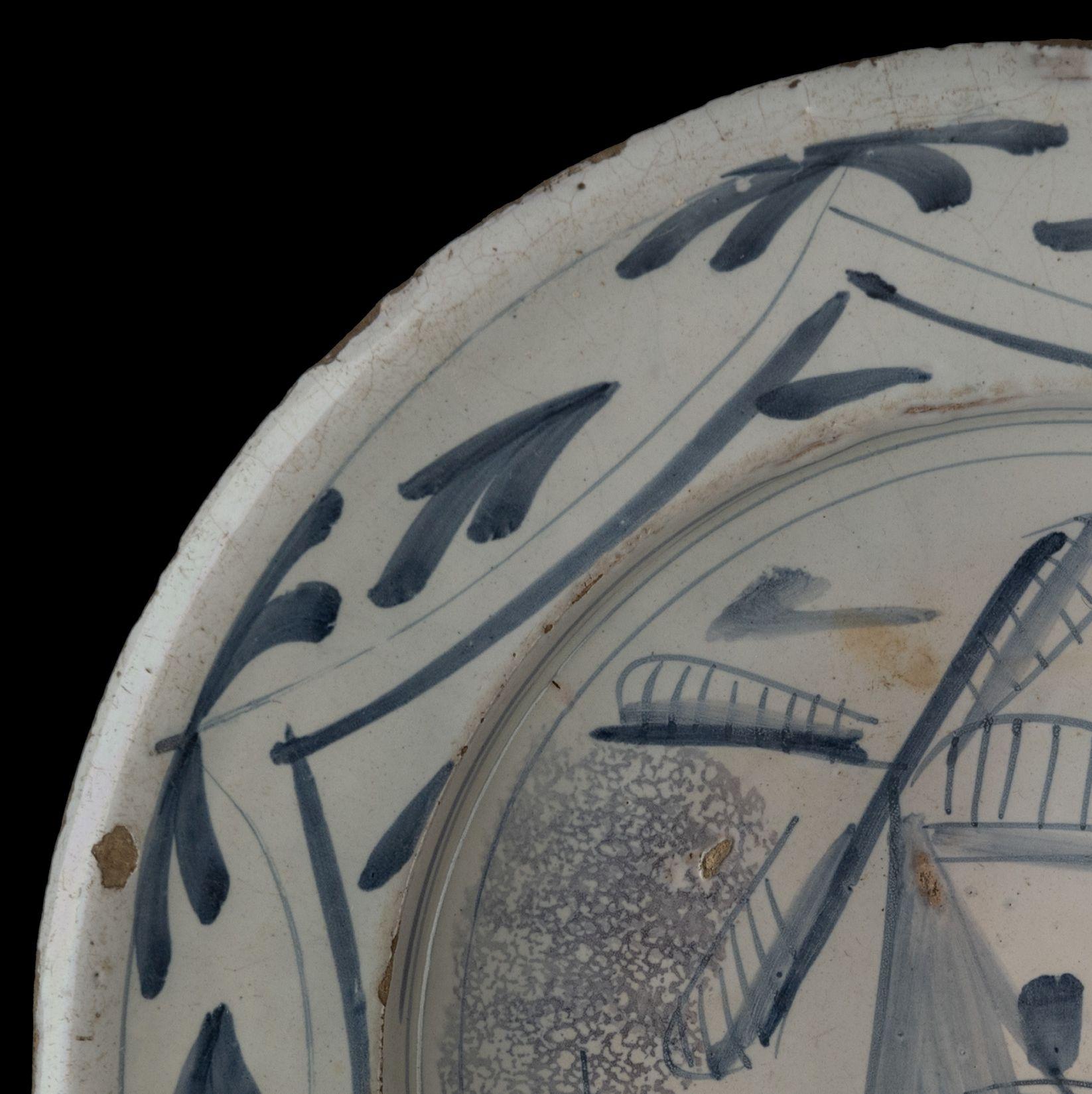 Dutch Delft Blue and White Dish with Windmill, 1700-1750 For Sale
