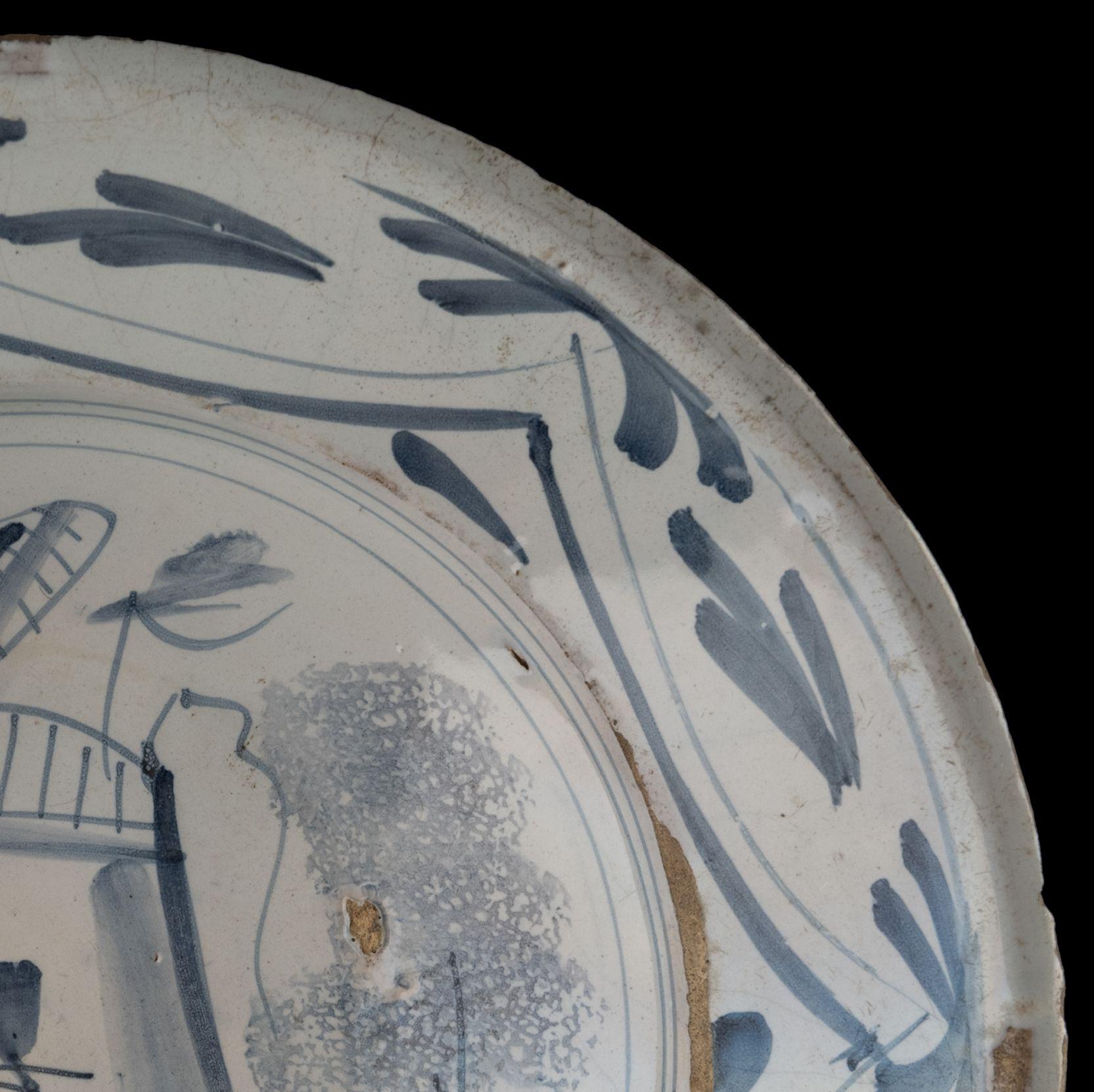 Glazed Delft Blue and White Dish with Windmill, 1700-1750 For Sale