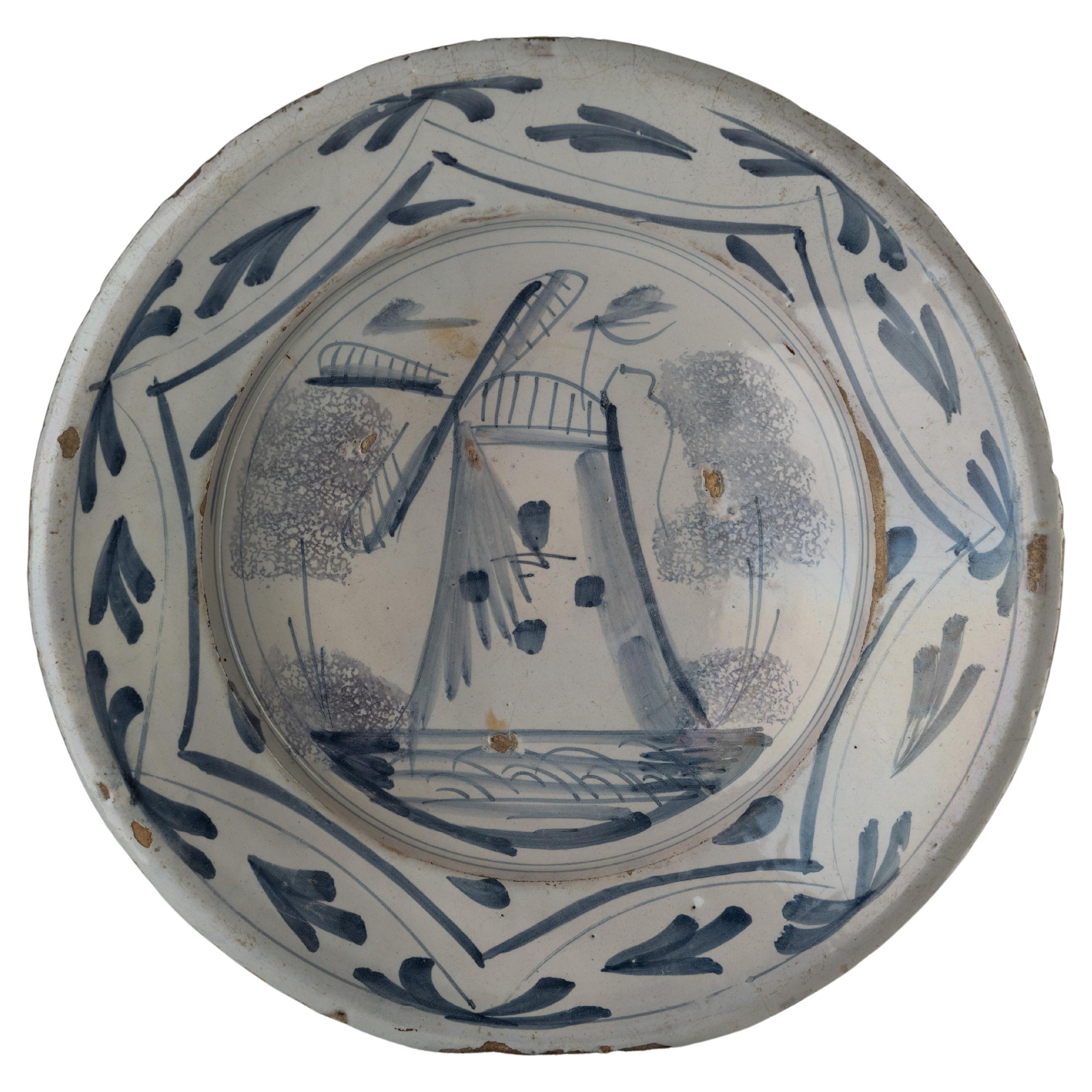 Delft Blue and White Dish with Windmill, 1700-1750
