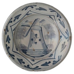 Delft Blue and White Dish with Windmill, 1700-1750