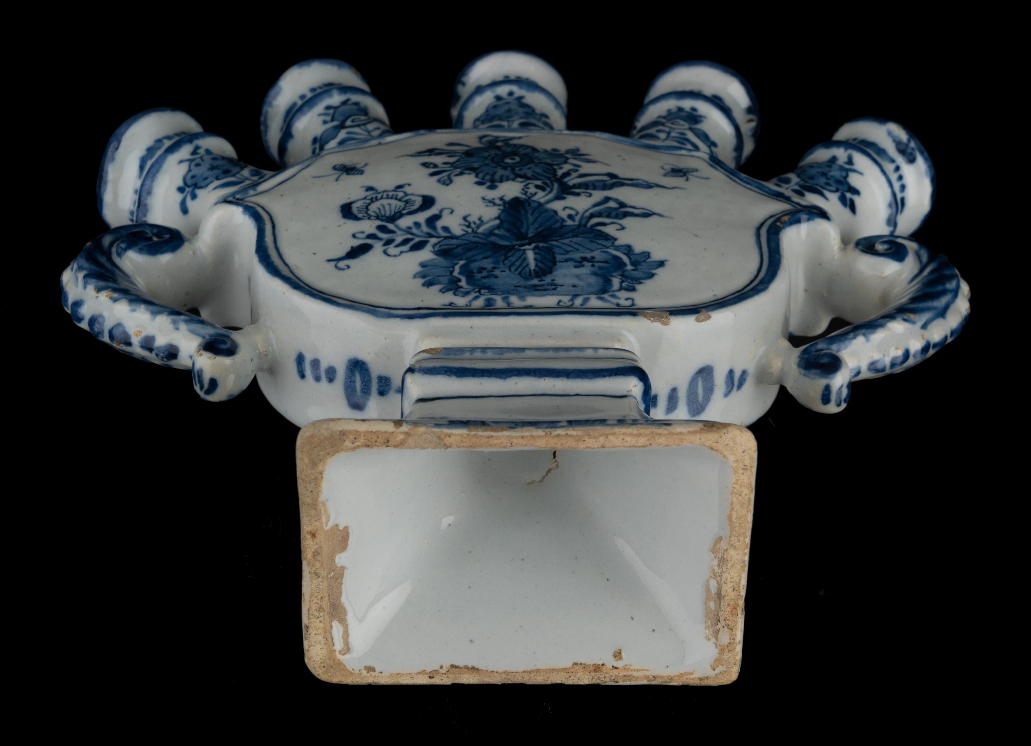 18th Century Delft Blue and White Flower Vase with Spouts 1720-1730 Tulip Vase For Sale