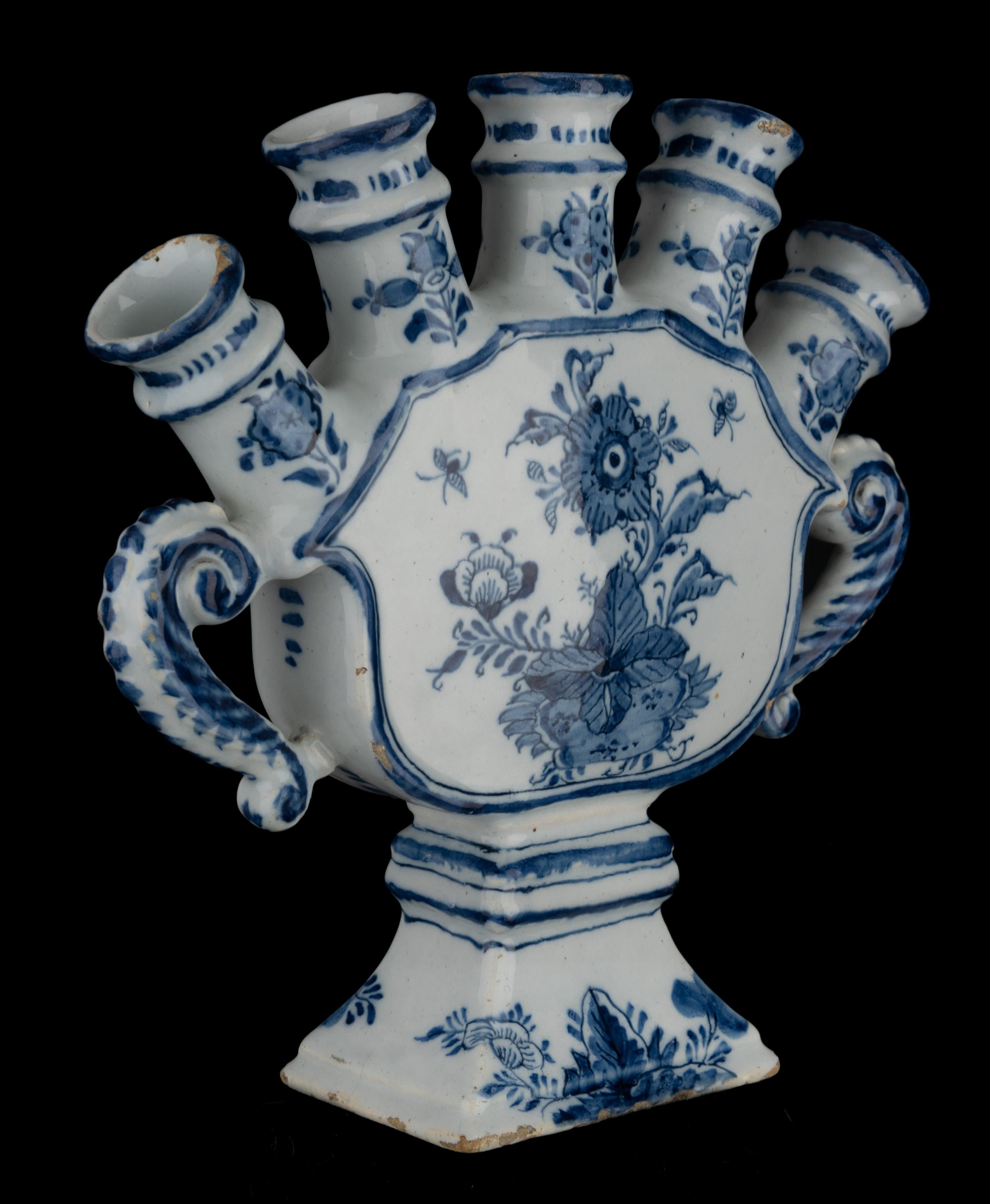 Dutch Delft Blue and White Flower Vase with Spouts 1720-1730 Tulip Vase For Sale