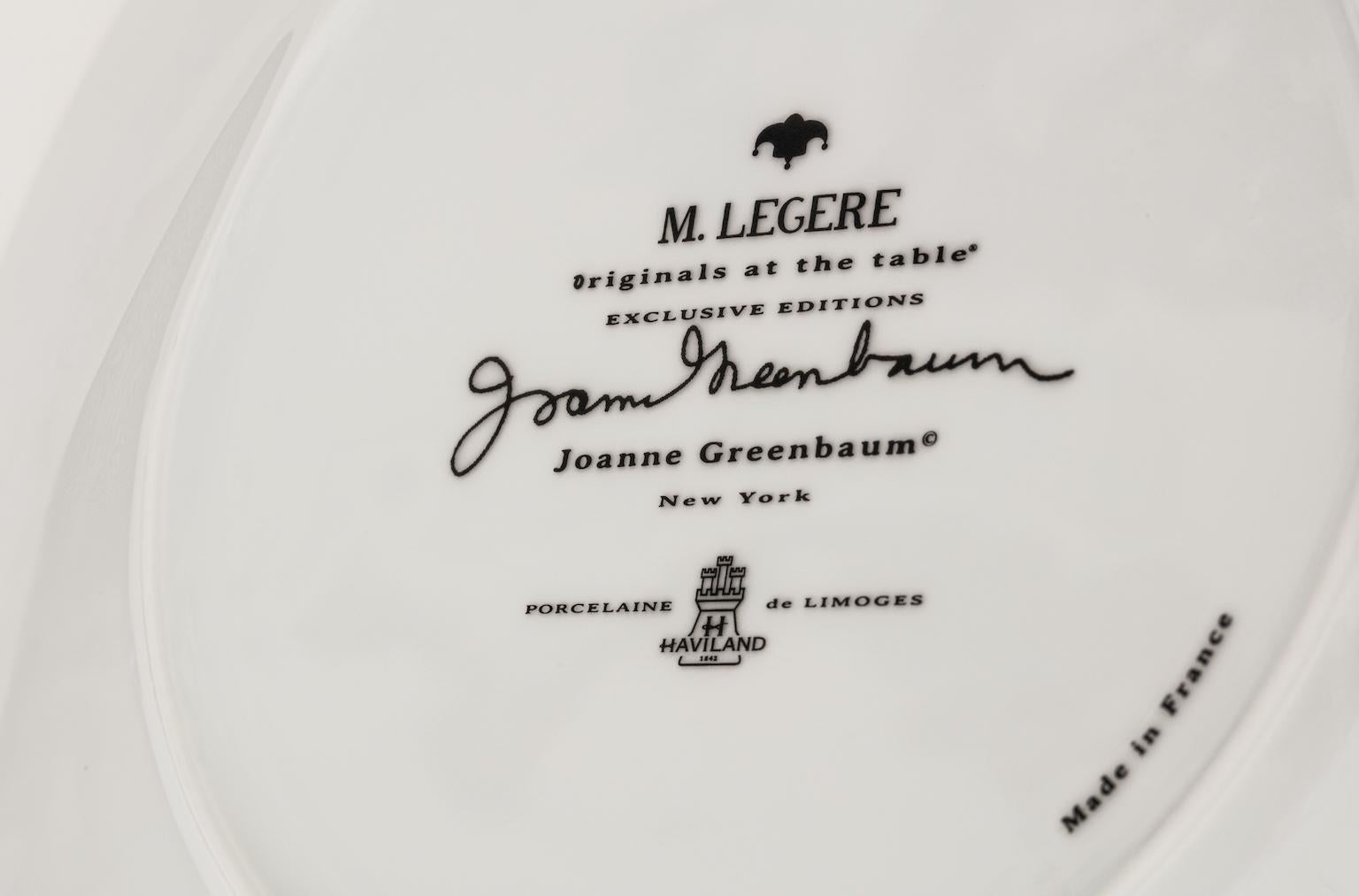 This purposely sized Limoges white porcelain dessert plate features an abstract design in a Delft Blue color that was rendered exclusively for M.Legere by NYC female abstract Artist Joanne Greenbaum and is dishwater safe. Haviland, Limoges France's