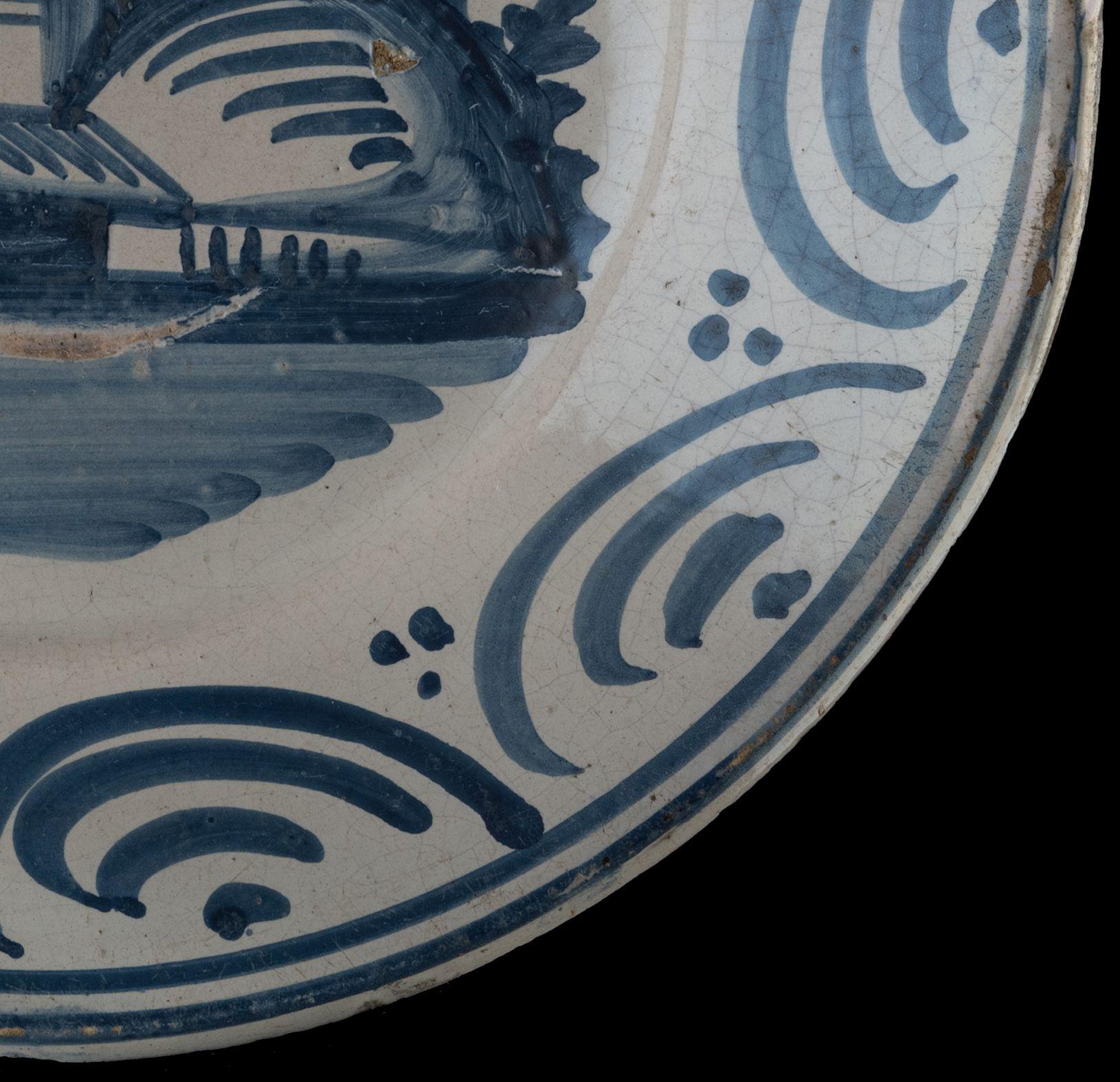 18th Century Delft Blue and White Landscape Dish Makkum, 1775-1800 Tichelaar Pottery For Sale