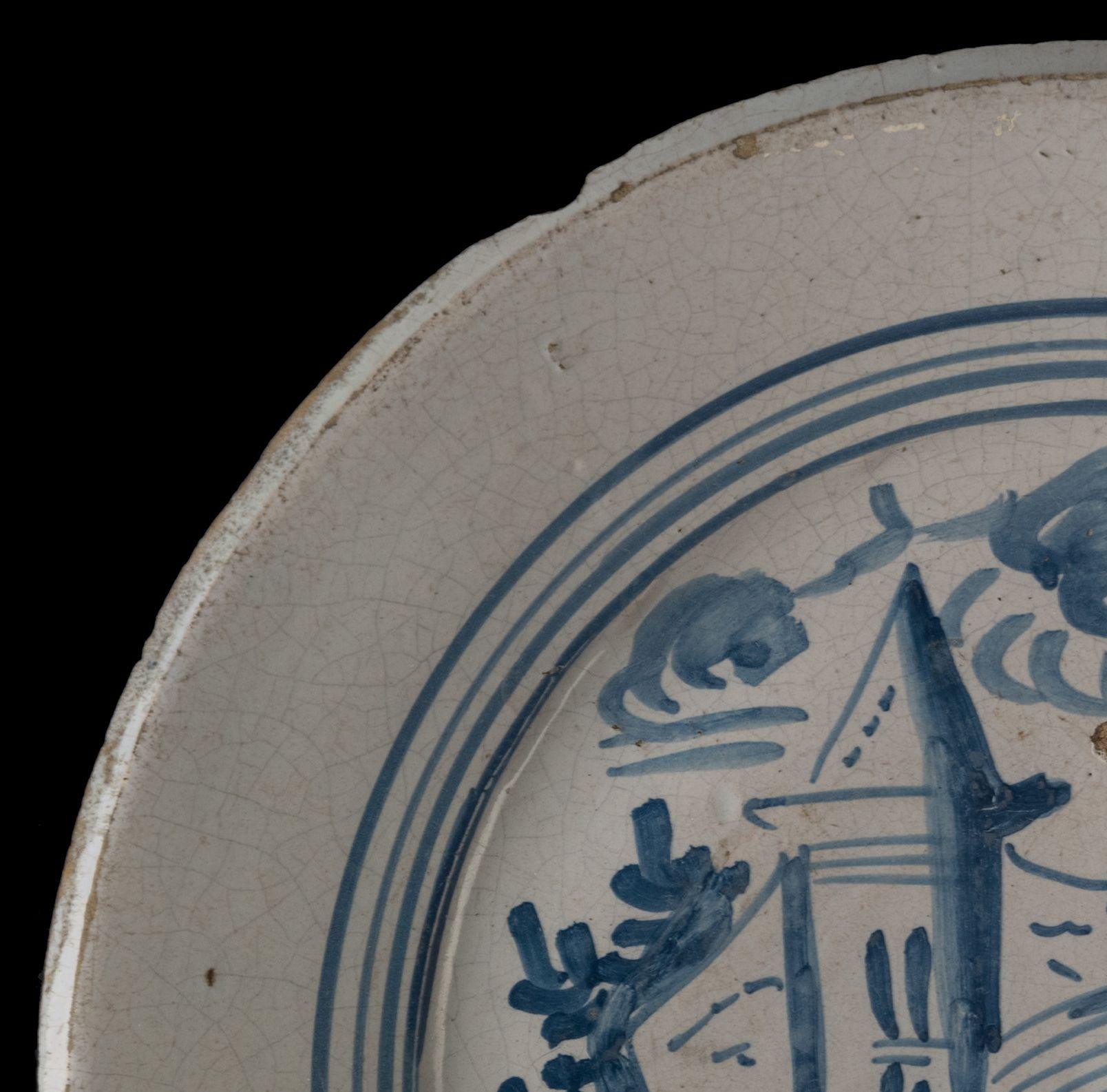 Ceramic Delft Blue and White Landscape Dish, Makkum, 1775-1800 Tichelaar Pottery For Sale