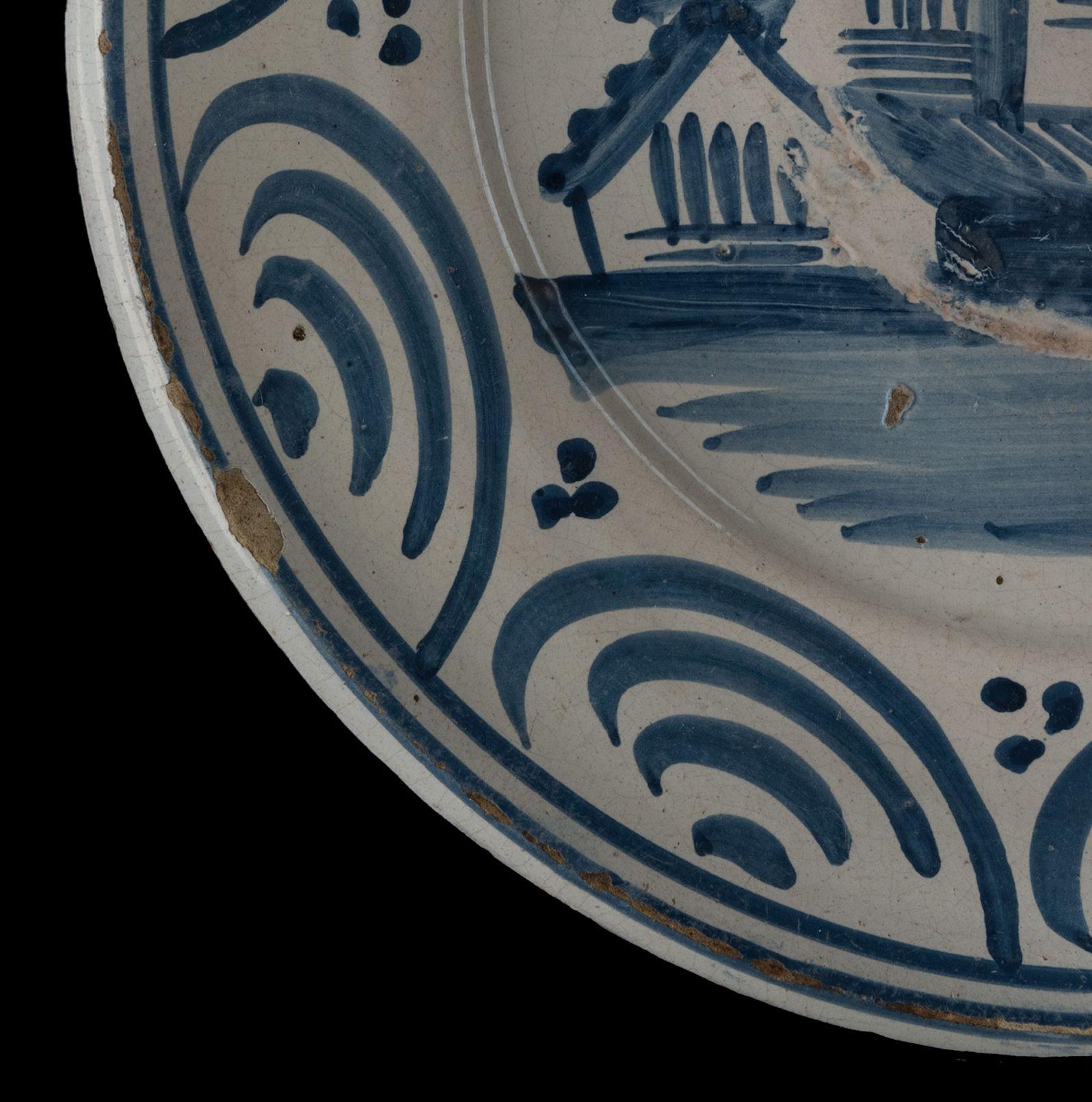 Ceramic Delft Blue and White Landscape Dish Makkum, 1775-1800 Tichelaar Pottery For Sale