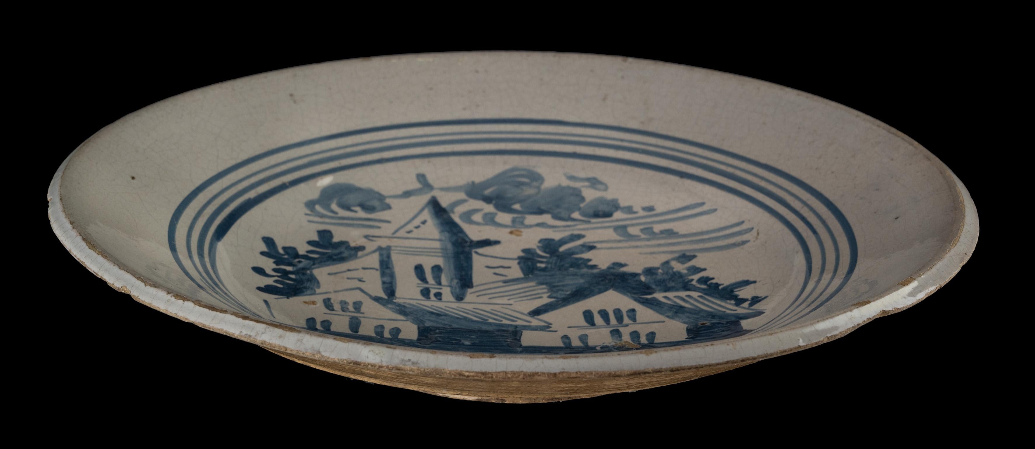 Delfter Teller mit blauer und weißer Landschaft, Makkum, 1775-1800 Tichelaar Keramik (Barock) im Angebot