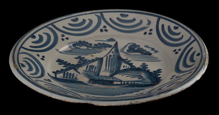 Dutch Delft Blue and White Landscape Dish Makkum, 1775-1800 Tichelaar Pottery For Sale
