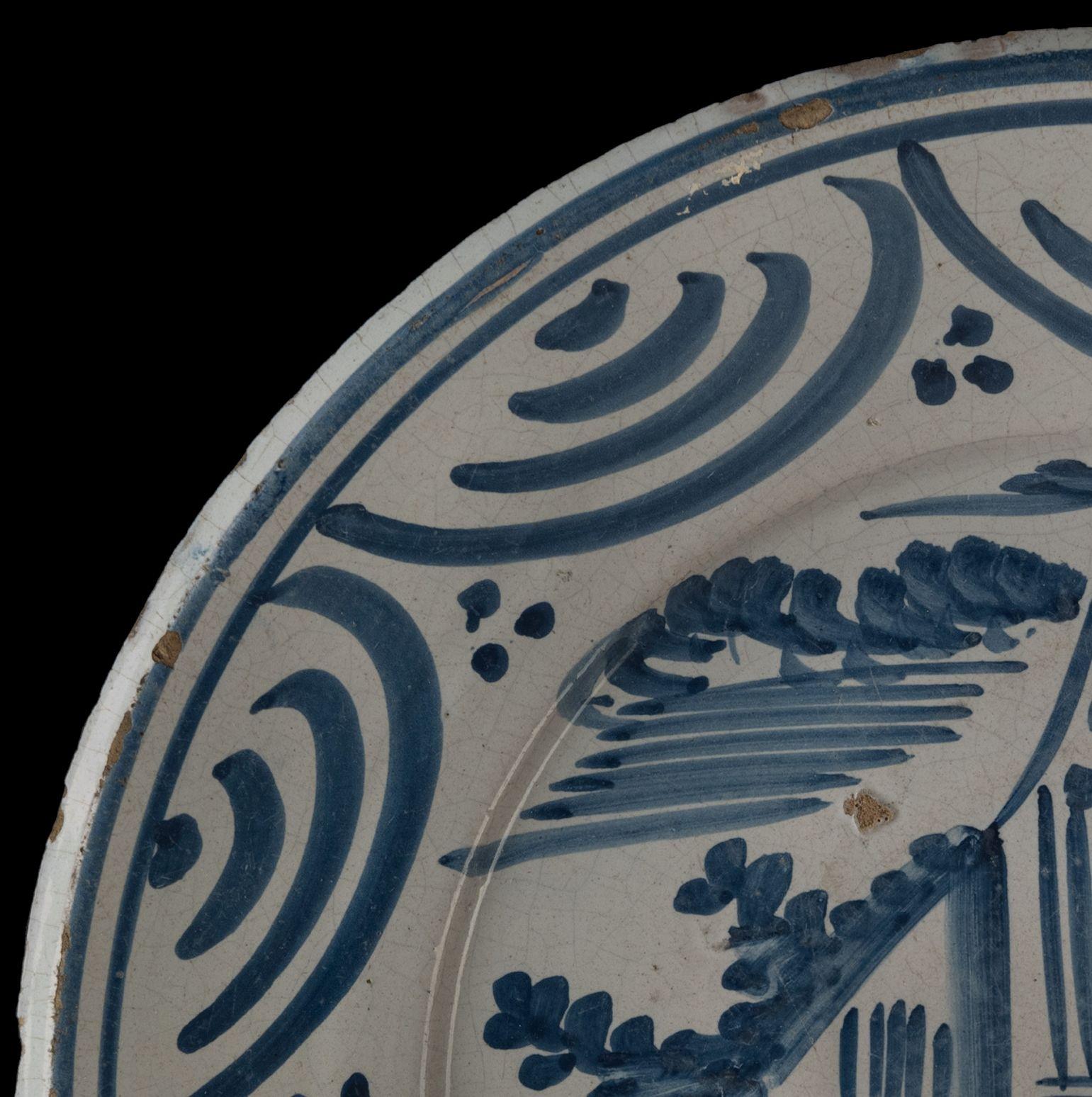 Glazed Delft Blue and White Landscape Dish Makkum, 1775-1800 Tichelaar Pottery For Sale