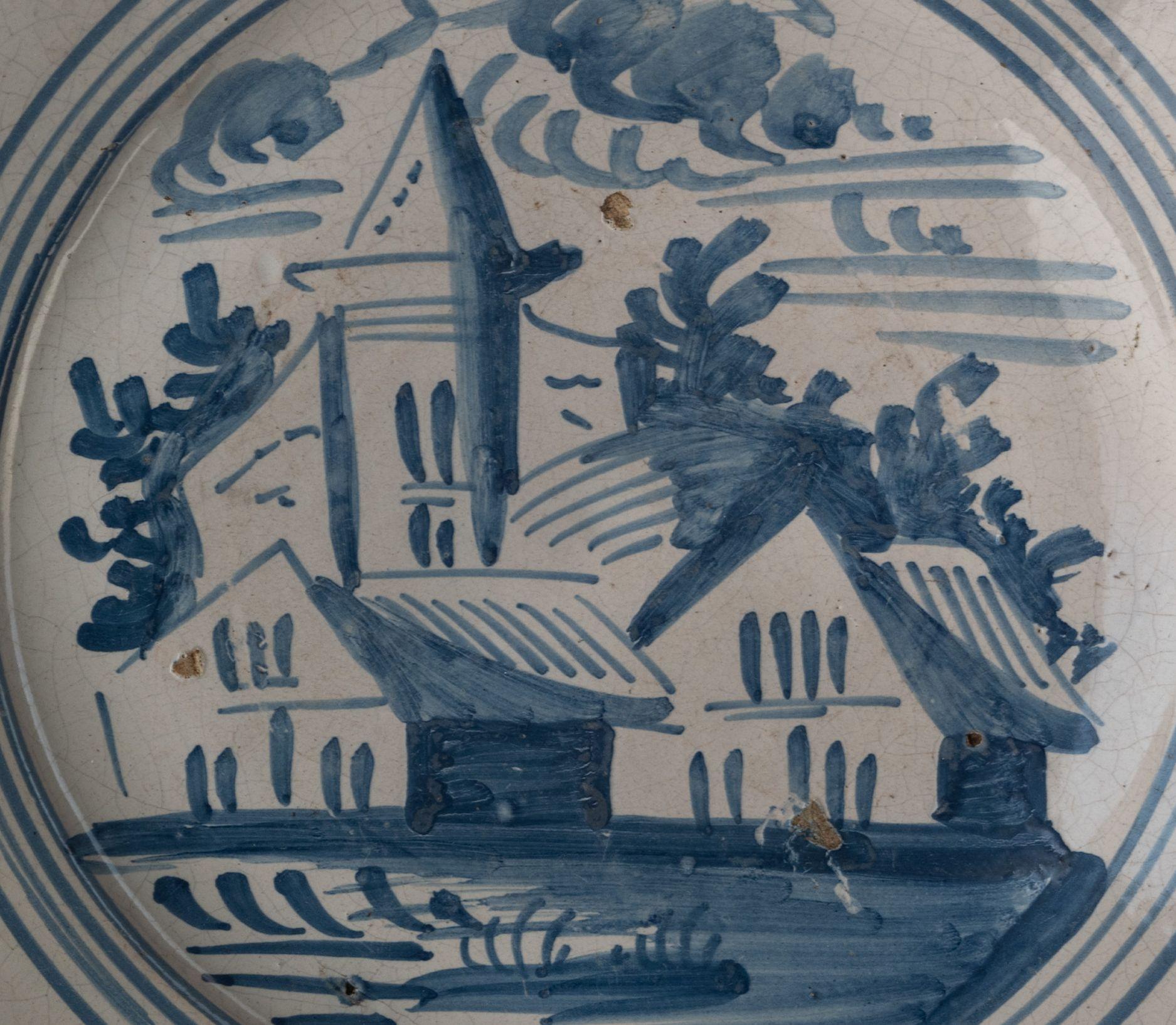 Delfter Teller mit blauer und weißer Landschaft, Makkum, 1775-1800 Tichelaar Keramik im Angebot 1