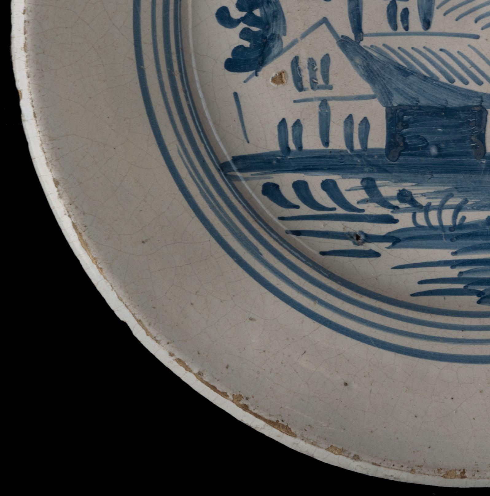 18th Century Delft Blue and White Landscape Dish, Makkum, 1775-1800 Tichelaar Pottery For Sale