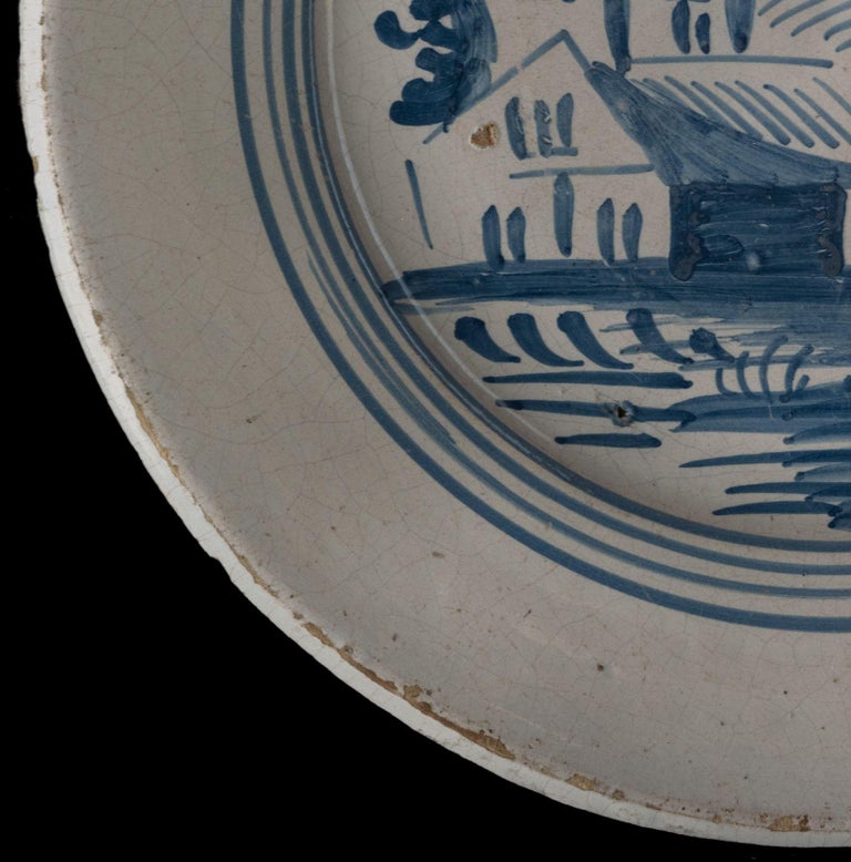 Delft Blue and White Landscape Dish, Makkum, 1775-1800 Tichelaar Pottery For Sale 1