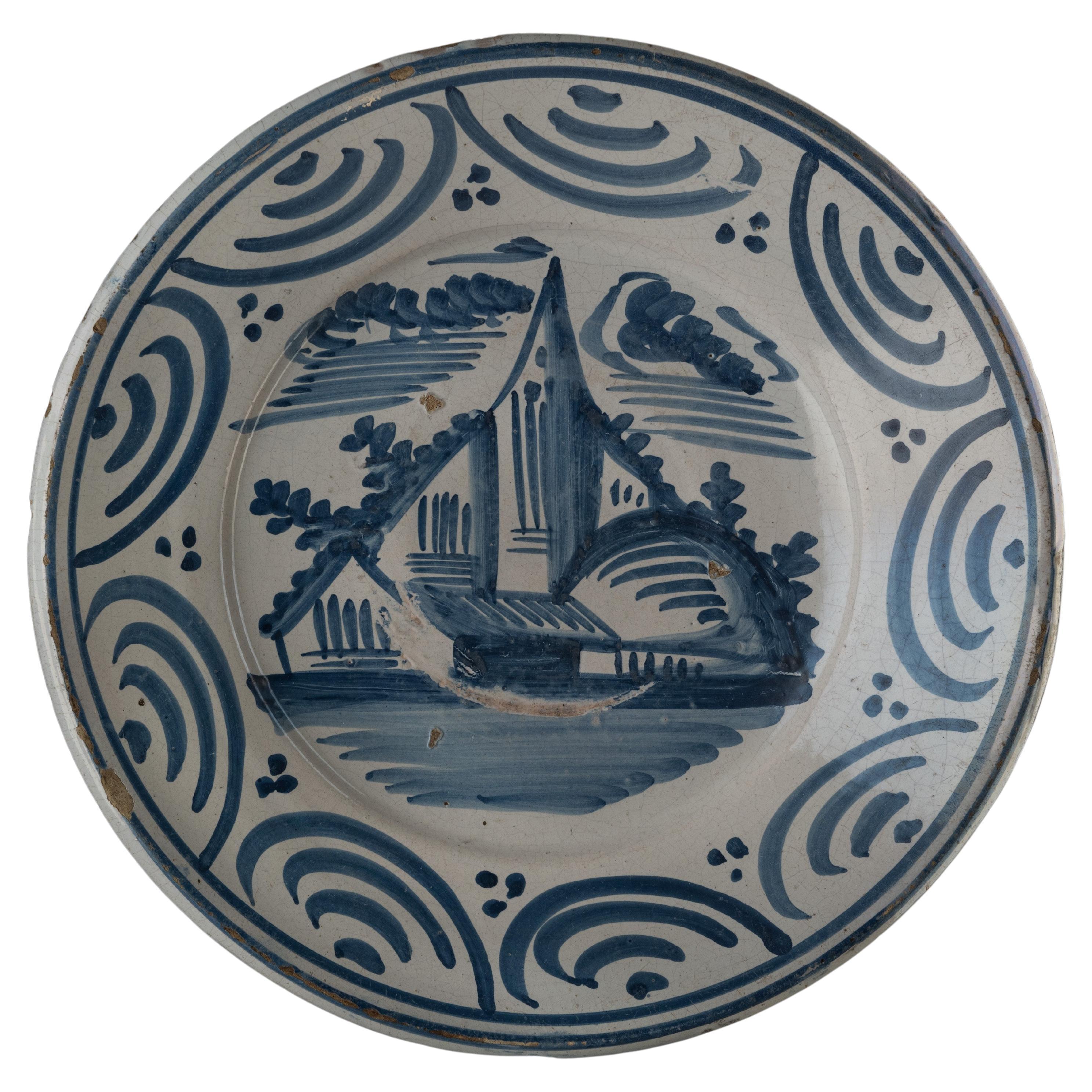 Delfter blau-weiße Landschaftsschale Makkum, Tichelaar-Keramik, 1775-1800 im Angebot