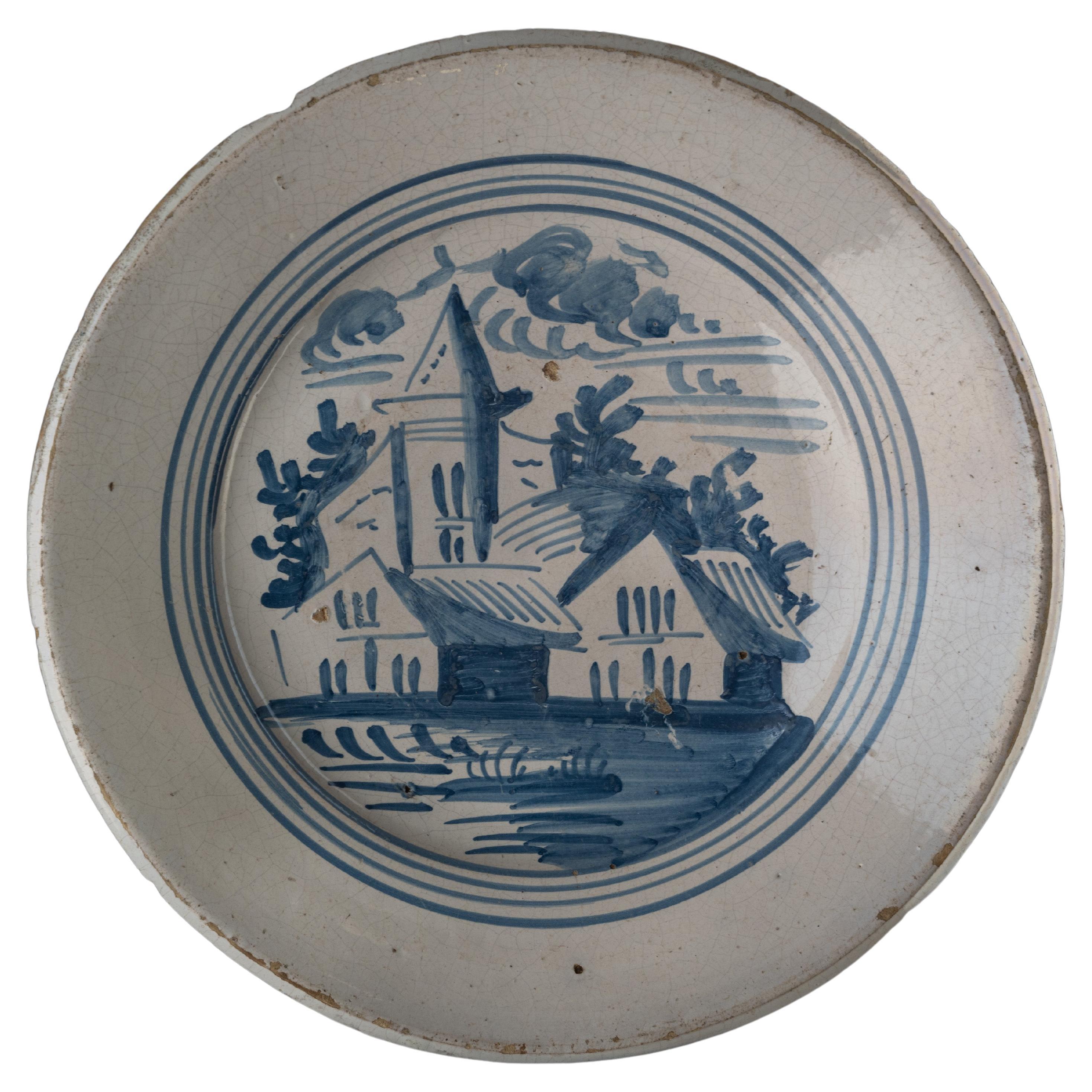 Delfter Teller mit blauer und weißer Landschaft, Makkum, 1775-1800 Tichelaar Keramik