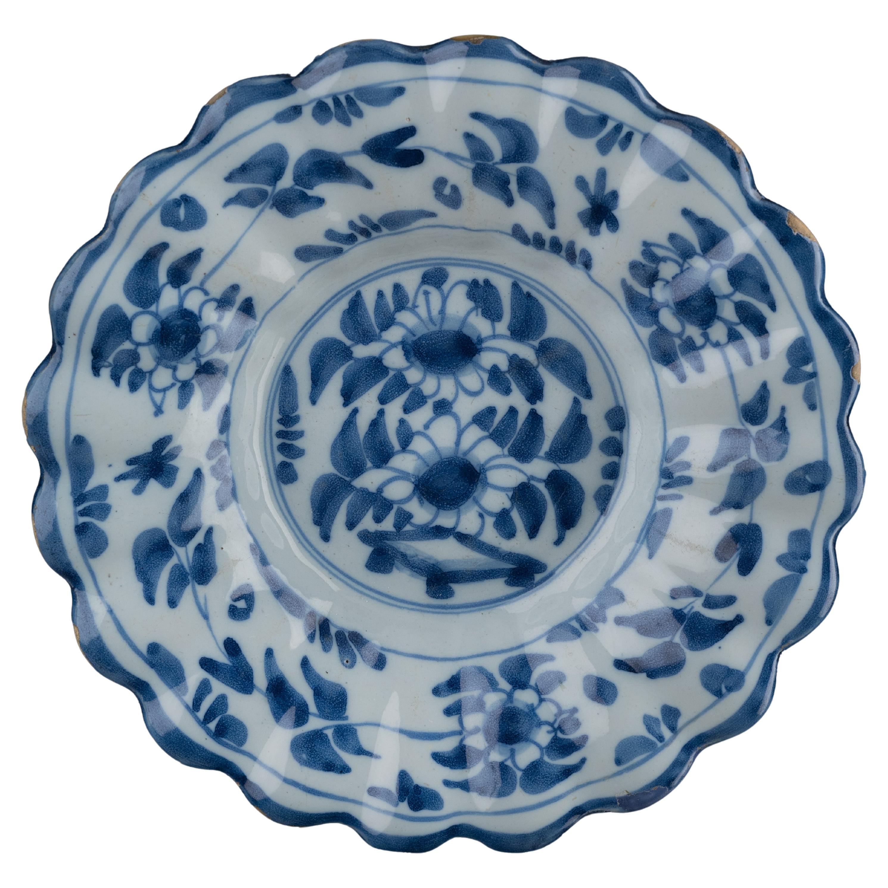 Delft Blue and white lobed dish with flowers  1670-1690 