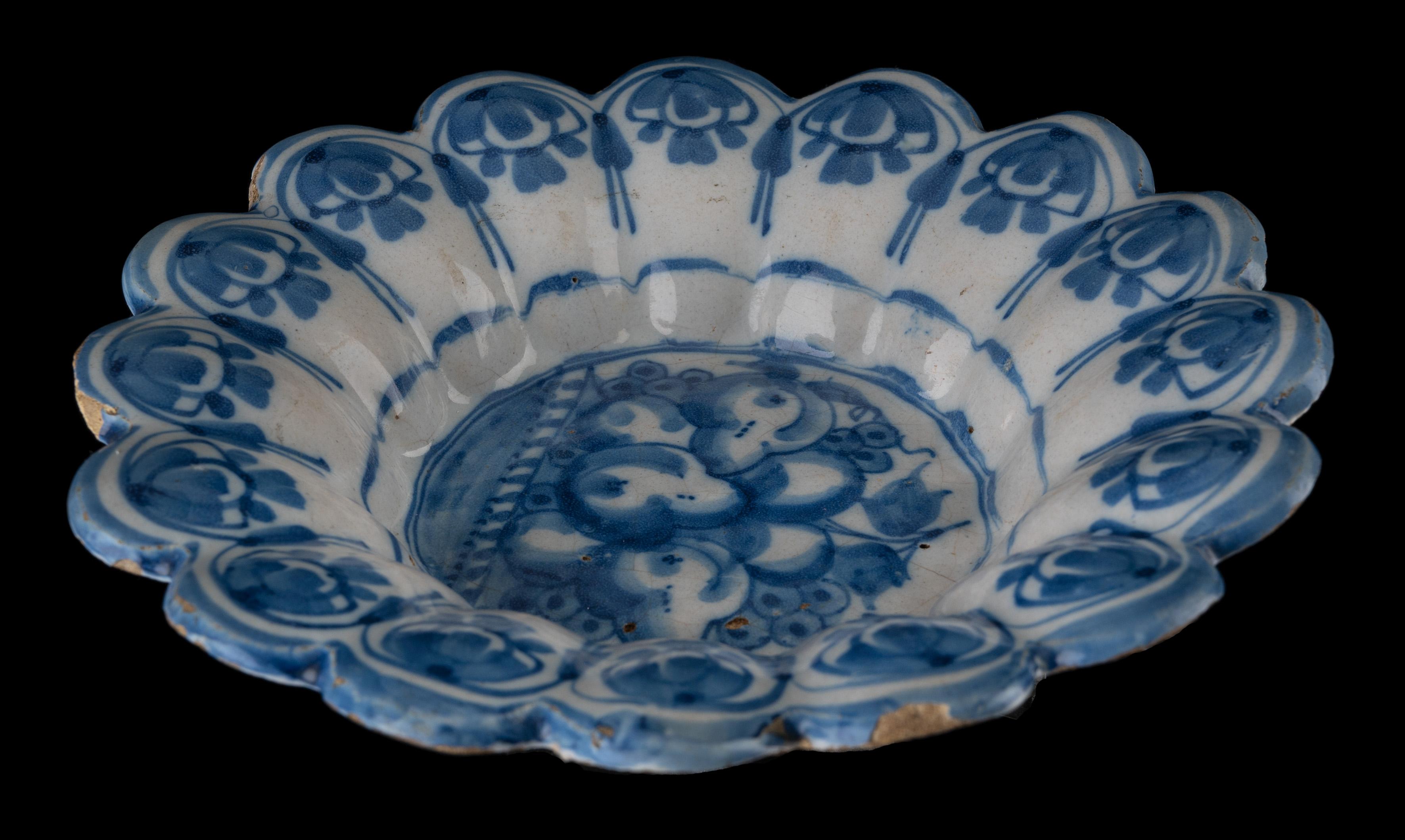 Baroque Delft Blue and White Lobed Dish with Fruit Still Life Northern Netherlands, 1665 For Sale