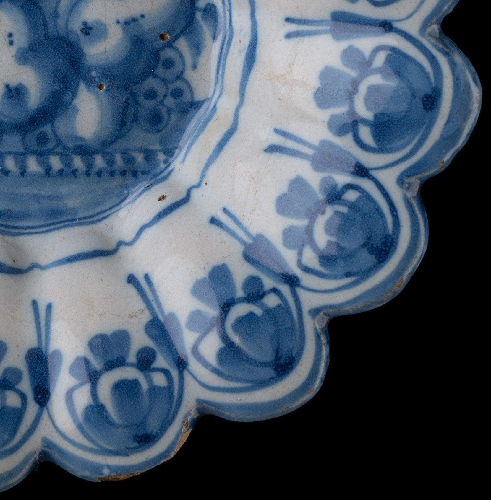 Ceramic Delft Blue and White Lobed Dish with Fruit Still Life Northern Netherlands, 1665 For Sale